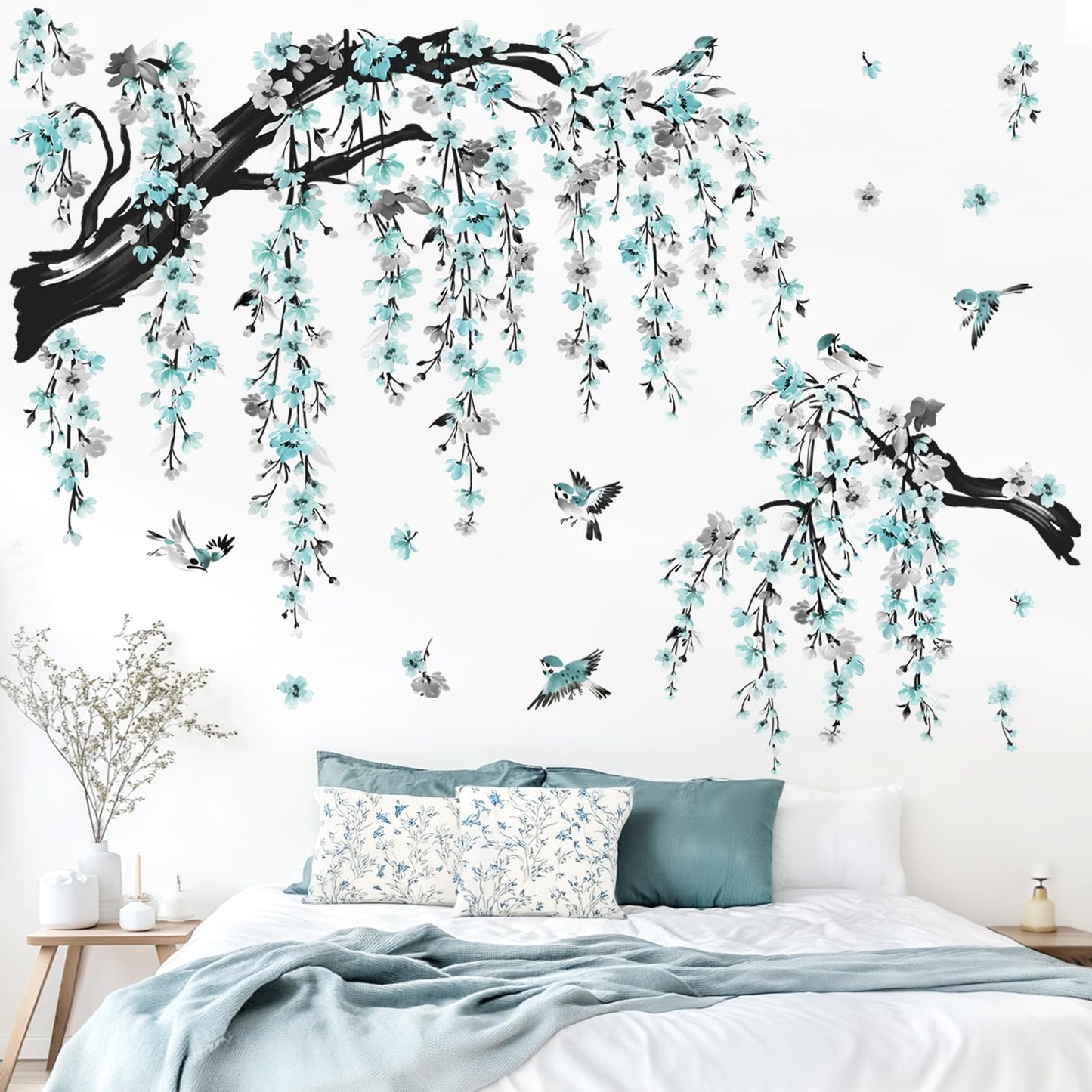 wondever Large Watercolor Flower Branch Wall Stickers Blue Blossom Tree Branches Peel and Stick Wall Art Decals for Living Room Bedroom TV Wall