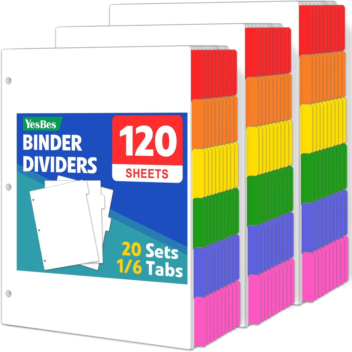 120 Pcs Binder Dividers with Multicolor Tabs, 1/6 Cut Tabs, Dividers for 3 Ring Binder, Blank Write On Binder Dividers in 6 Tab Sets, Letter Size, 120 Dividers, 20 Sets
