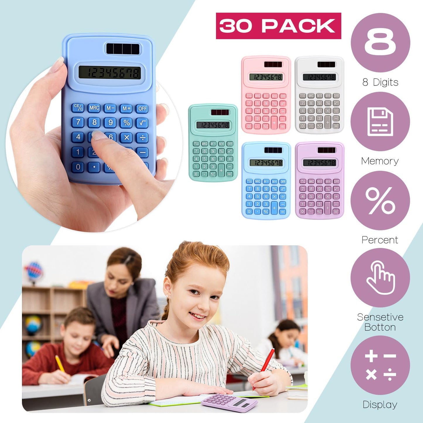 Chumia 50 Pieces Pocket Calculator Bulk Basic Small 4 Function Calculator Battery Powered Handheld Kids Mini Calculators for Students Desktop Primary School Home Office(Macarons)