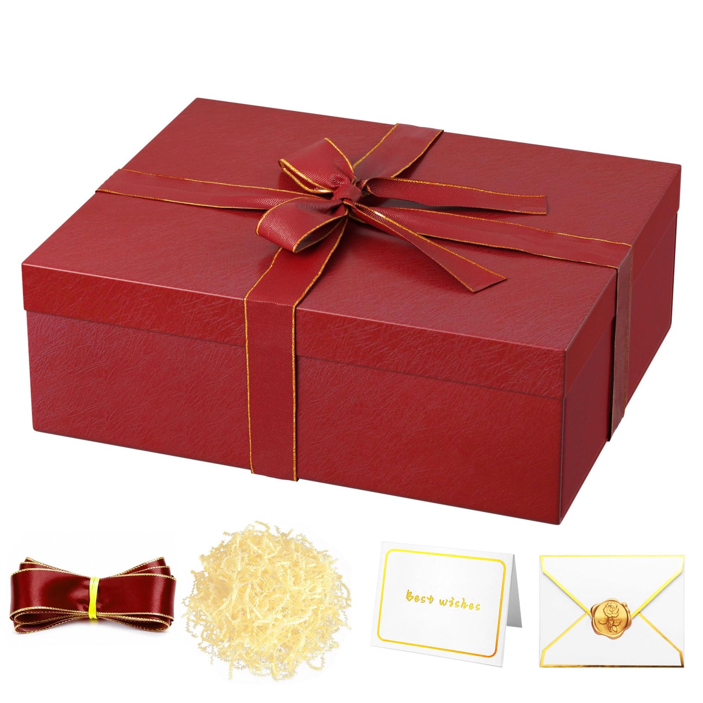 JOYIT Red Gift Box 16.5''x13''x5.5'' - Large Gift Boxes with Lid for Presents Packaging, Birthday, Christmas, Wedding, Anniversary, Big Gift Box with Ribbon, Shred Filler, Card, Wax Seal (Red)