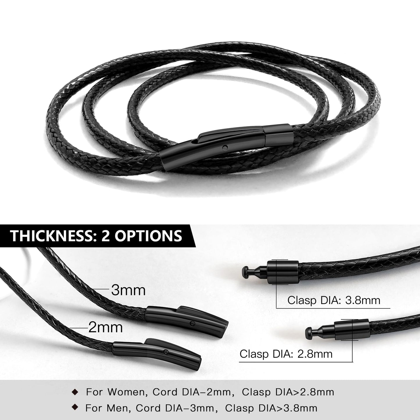 Oaldilee 3MM Black Leather Cord Necklace, 24 Inches String Wax Rope Black Chain Necklaces with Black Clasp