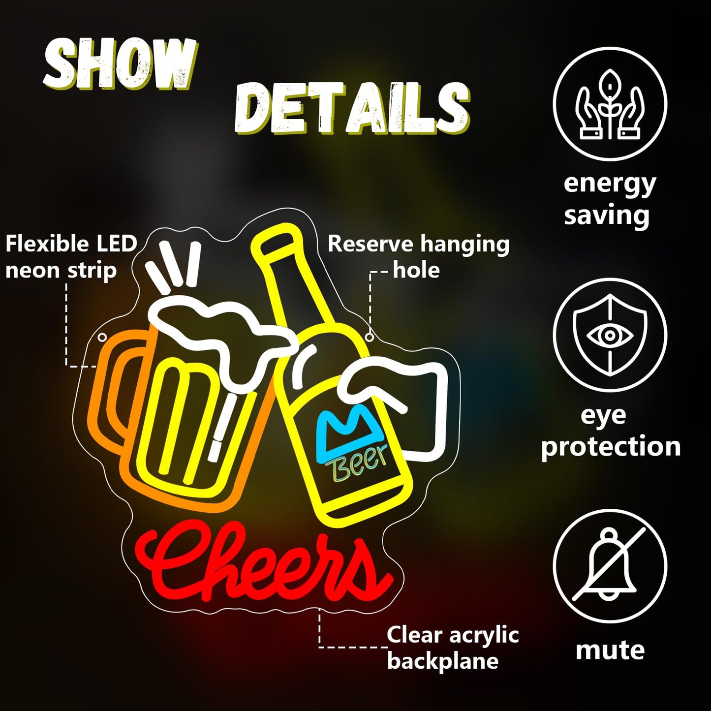 Cheers Beer Neon Sign, Dimmable USB Powered LED Light for Wall Decor, Bar Neon Lamp for Man Cave Home Bar Pub Party Bedroom, Birthday Christmas Gift for Beer Lovers