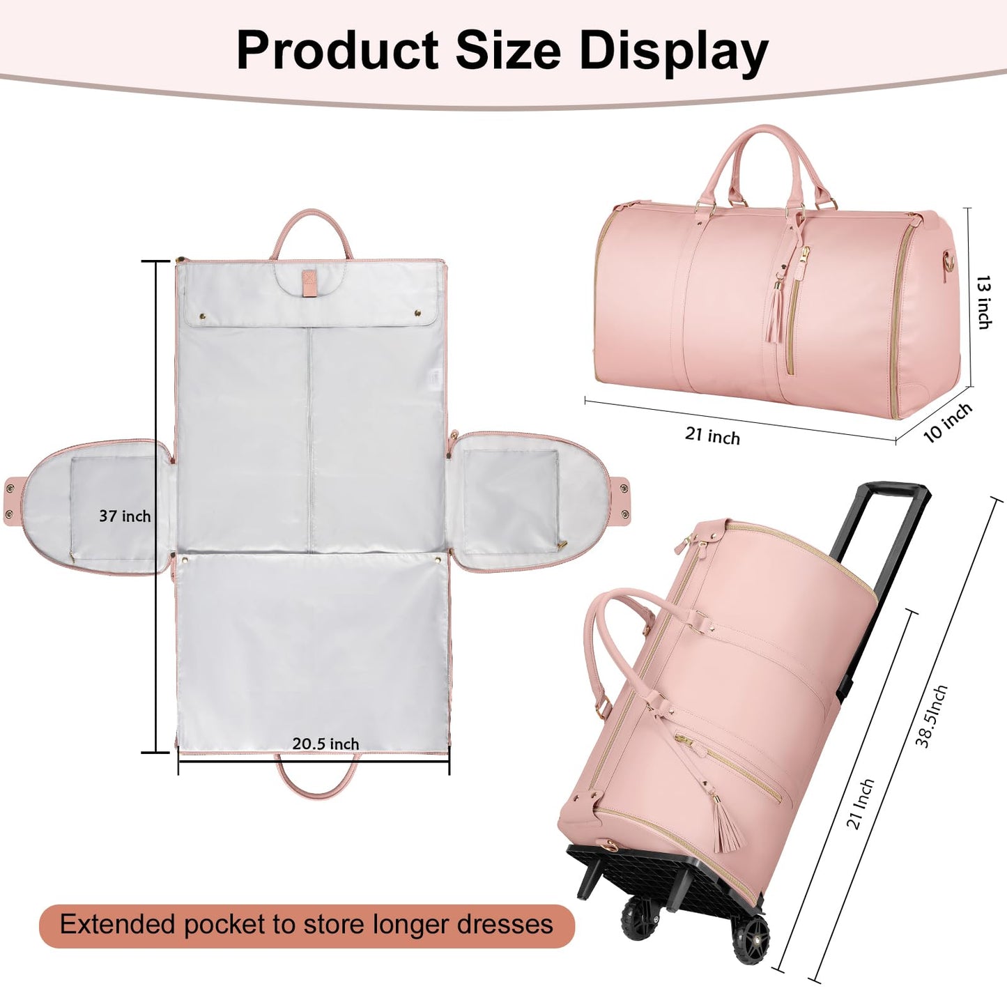 Ytonet Rolling Garment Bags for Travel, Convertible Carry On PU Leather Travel Bag 2.0 Roller Edition, 3 in 1 Suit Garment Duffle Bag with Wheels and Shoe Pouch for Business Wedding Overnight, Pink