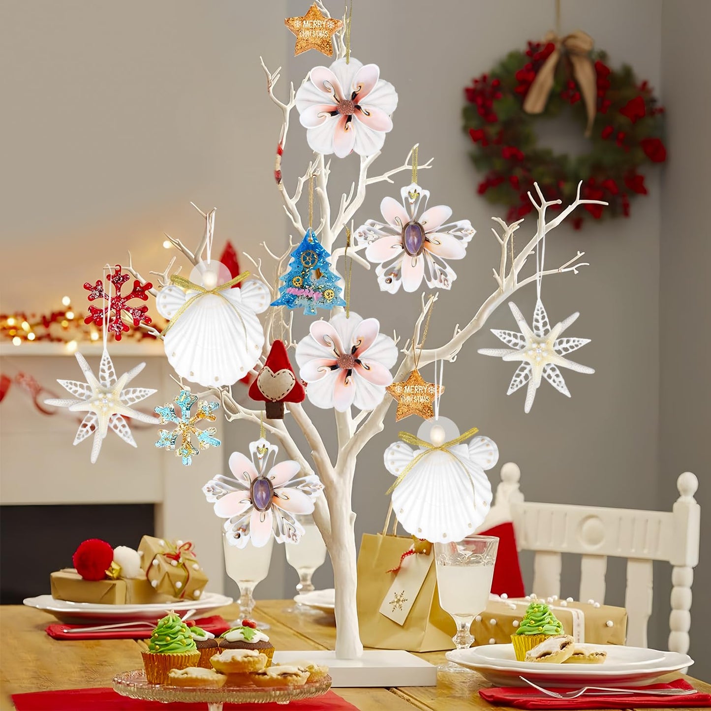 Seashell Angel Ornaments - 4PCS Handmade Natural Shell Crafts for Coastal & Beach Christmas Tree Hanging Ornaments