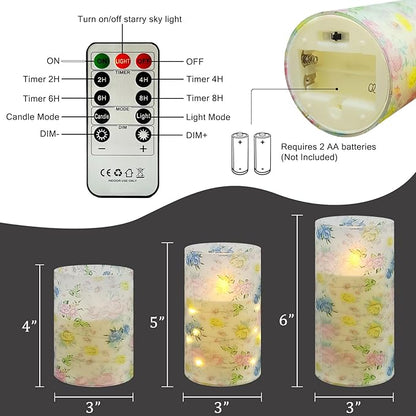 Flickering Flameless Candles Vintage Blue Floral Print, Embedded Star String Lights, Battery Operated Acrylic LED Pillar Candles with 11-Key Remote and Timer for Home Decoration, 3 Pack