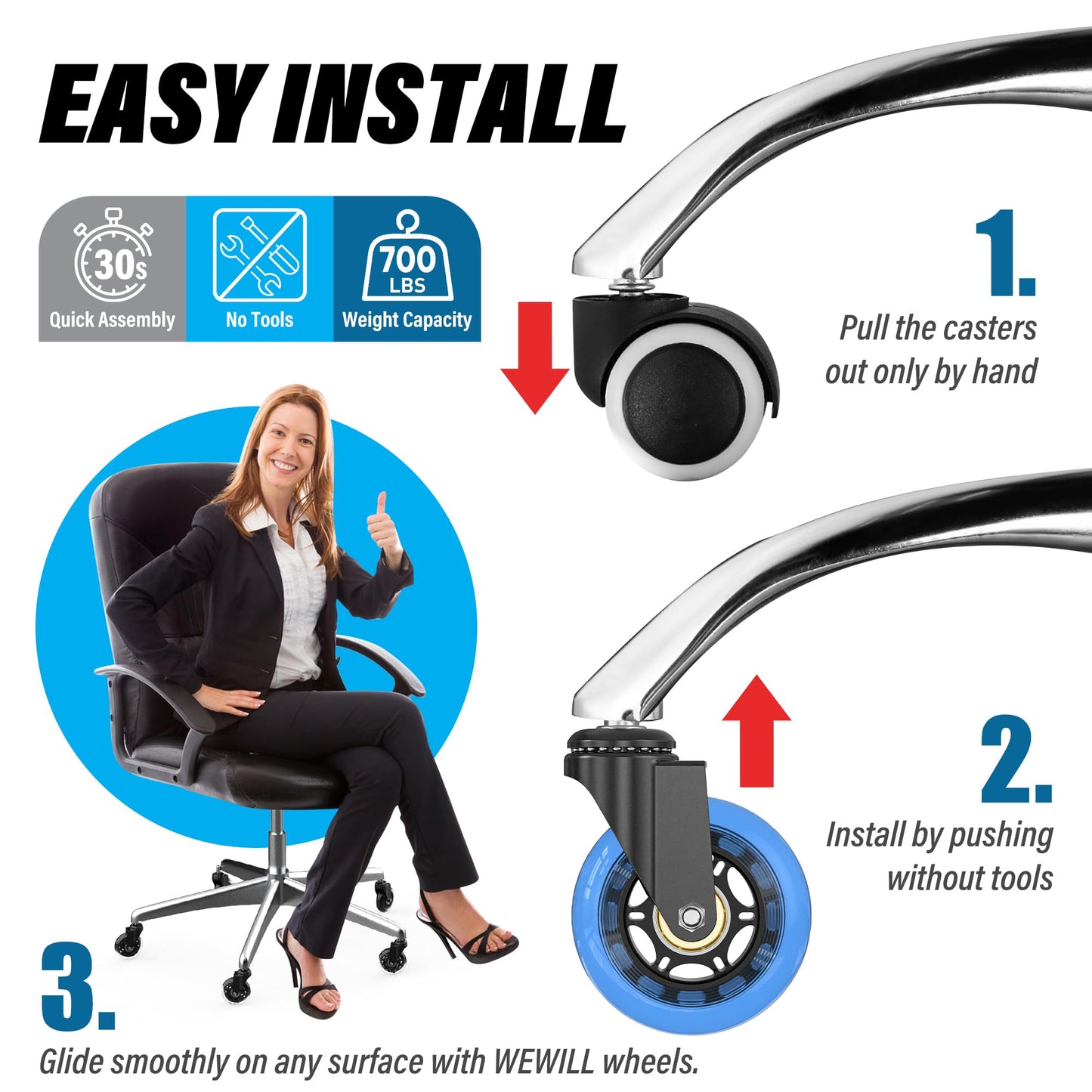 WEWILL Office Chair Wheels - Rubber Casters Replacement Universal Fit 98% Chair(Set of 5) Heavy Duty 3 Inch Smoothly & Quietly Safe for All Floor, Hardwood, Tile, Carpet, Noise Free - Blue