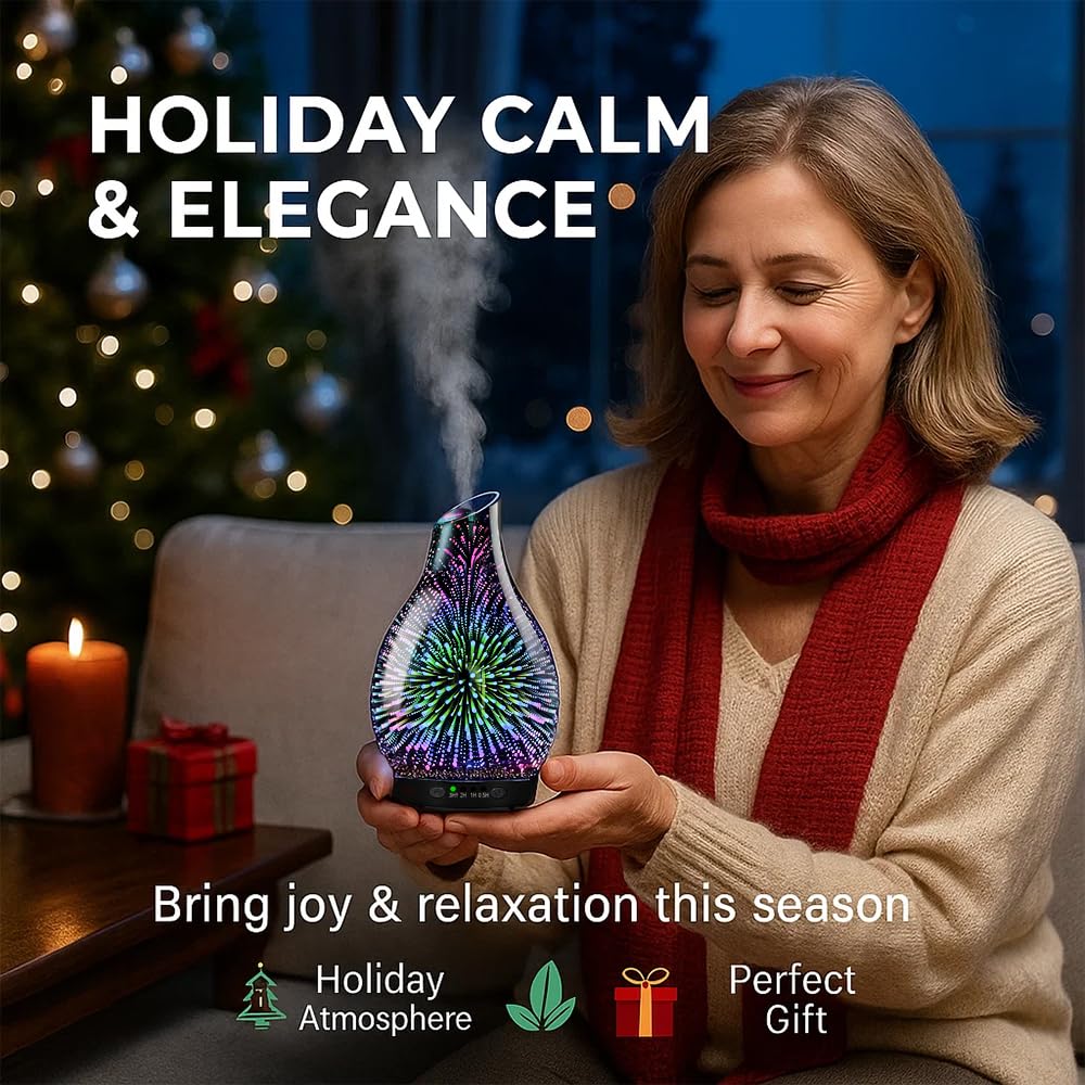 JOYOLO 120ML Essential Oil Diffuser, 3D Glass Aromatherapy Diffuser with Auto Shut-Off and 7 Color LED Lights, Ultrasonic Mist Humidifier with 4 Timer for Home Office Bedroom (3D Fireworks)