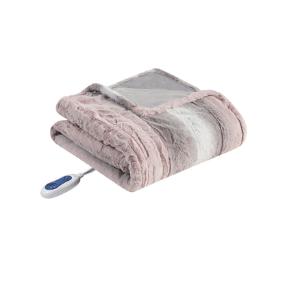 Beautyrest Zuri Reversible Faux Fur to Mink Electric Blanket, Auto Shut Off, Virtually Zero EMF, Multi Heat Setting, UL Certified, Machine Washable, Natural Marble Throw 50x70