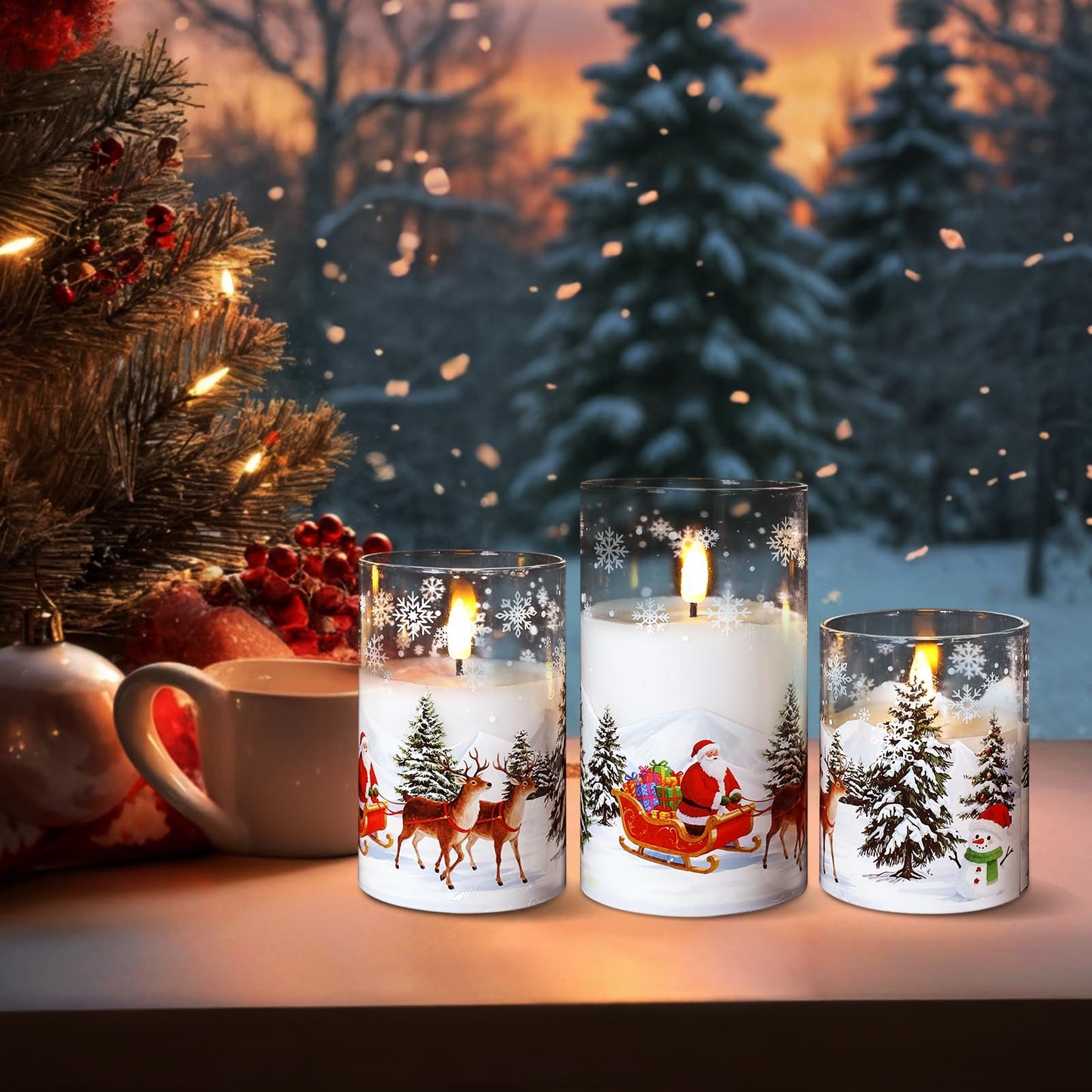 Sariiraw Christmas Snowman Glass Flameless Candles with Remote Timer, Set of 3 Battery Operated LED Pillar Candles for Christmas Decorations, 4" 5" 6" Heights, Warm White Light