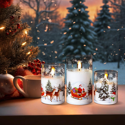 Sariiraw Christmas Snowman Glass Flameless Candles with Remote Timer, Set of 3 Battery Operated LED Pillar Candles for Christmas Decorations, 4" 5" 6" Heights, Warm White Light