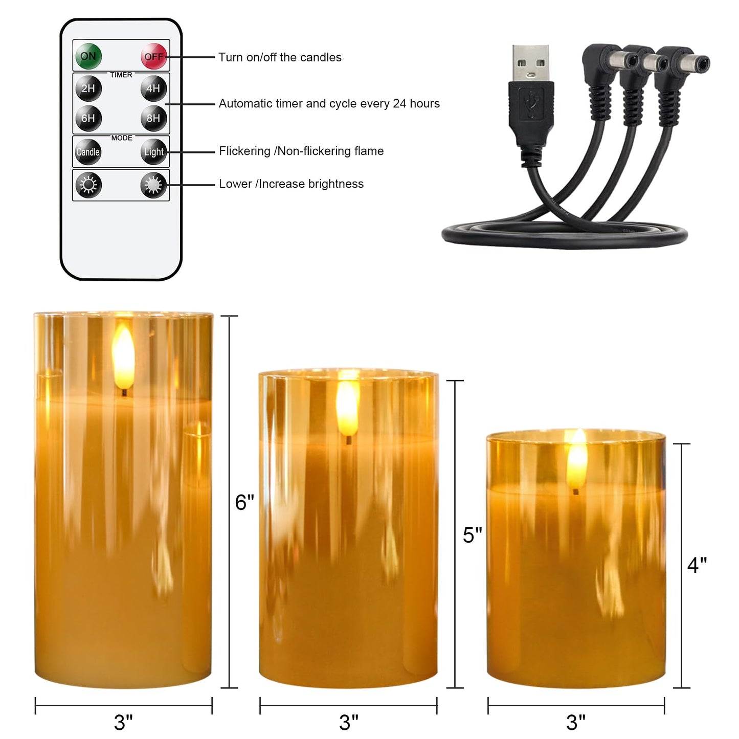 KunSwenn Rechargeable Candles with Remote, Rechargeable Flameless Candles with Timer, LED Battery Operated Candle with 3D Wick and Charging Cable for Halloween Christmas Decor(Gold)