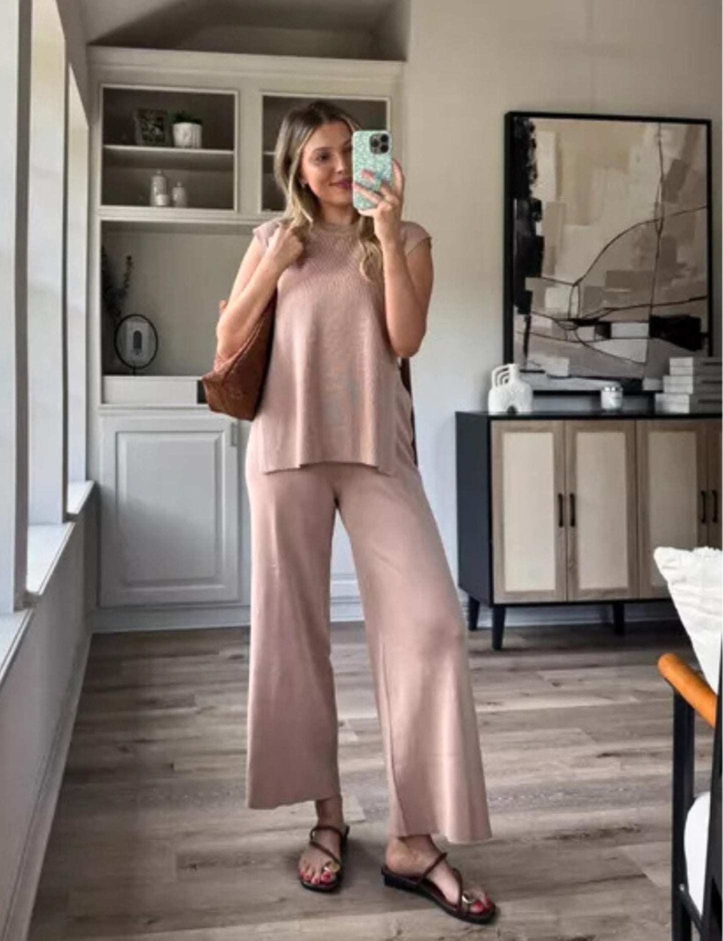 Lviefent Womens 2 Piece Outfits Sweater Set Sleeveless Side Slit Pullover Top Knit Wide Leg Pants Lounge Matching Sets (Khaki-M)