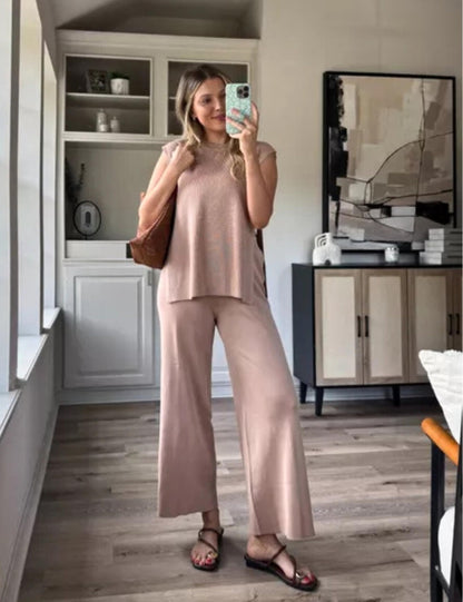 Lviefent Womens 2 Piece Outfits Sweater Set Sleeveless Side Slit Pullover Top Knit Wide Leg Pants Lounge Matching Sets (Khaki-M)