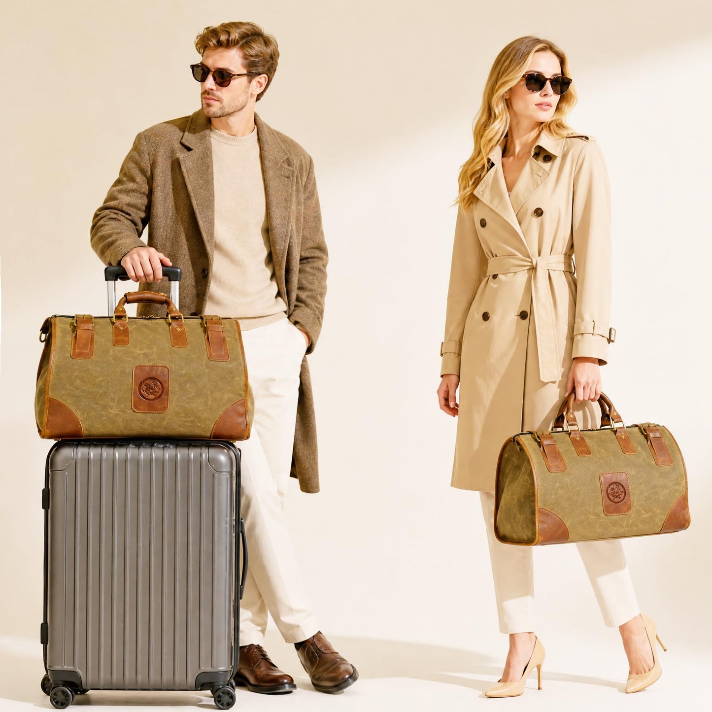 Handadsume Water Resistant Canvas + Leather Travel Luggage Tote Duffle Gym Suitcase Weekender Overnight Bag For Men Male FB8151 (A-Brown)