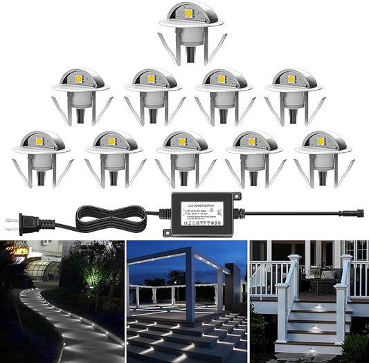 10 Pack LED Stair Lights Kit Low Voltage Deck Lights Waterproof IP65 Outdoor 1-2/5" Recessed Wood LED Deck Lighting Yard Garden Patio Step Landscape Pathway Decor Lamps, Cold White