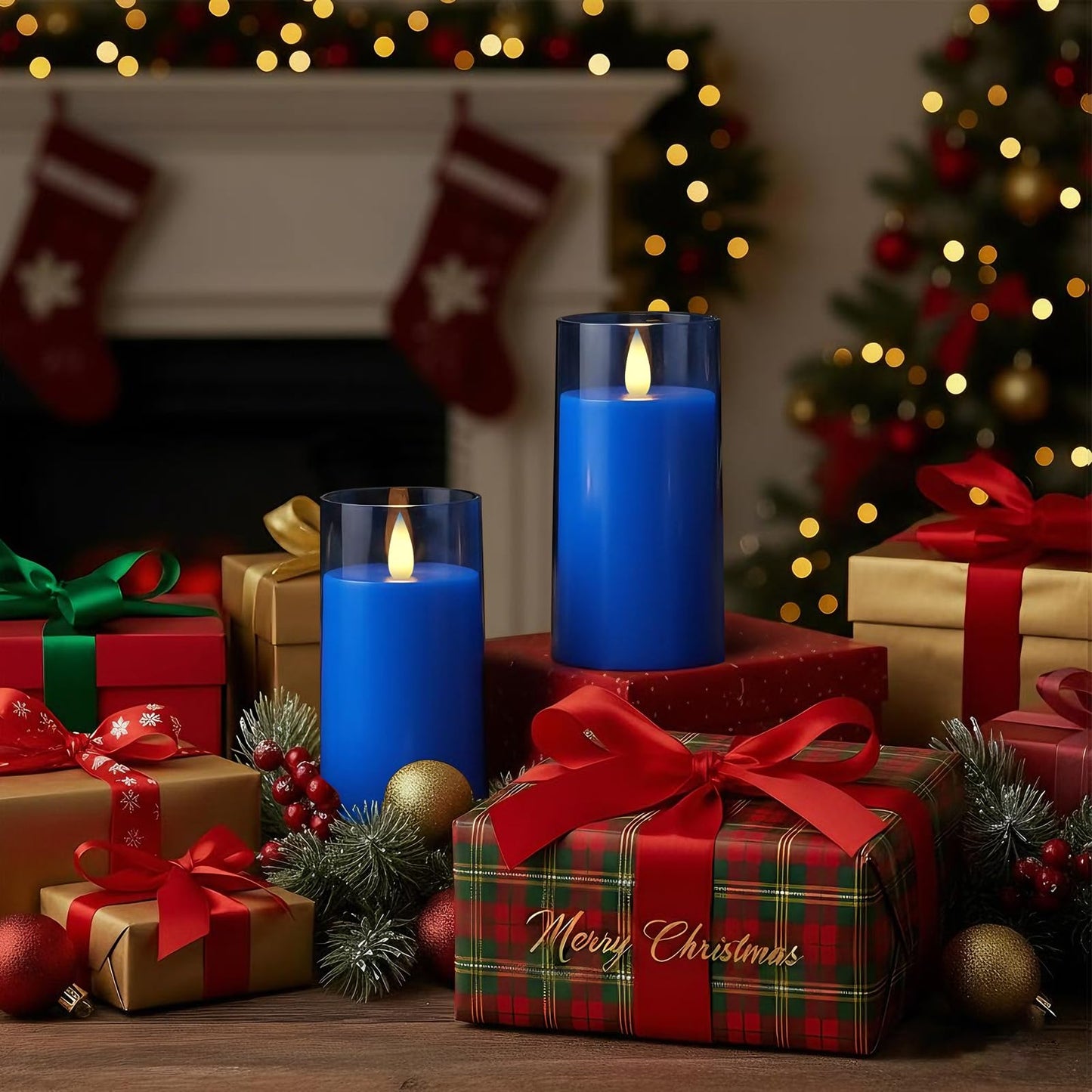 Raycare Flameless Electronic Pillar Candles with Remote Control and Timer- Battery Operated Realistic Flickering LED Fake Candle for Home, Wedding, Valentine's Day Decor,Blue,Set of 2(3"x6"6")