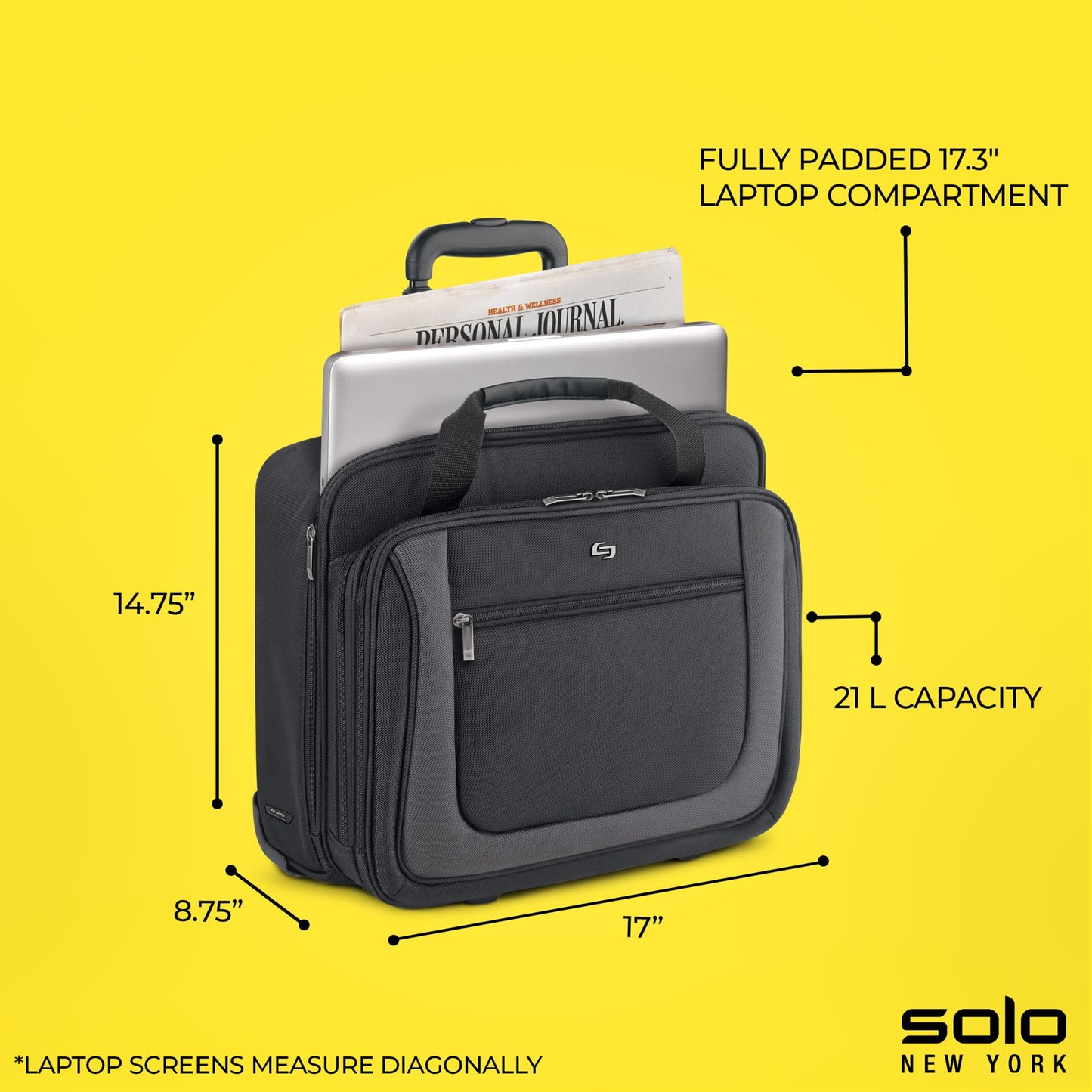Solo New York Rolling Case with Wheels - Roller Laptop Bag, Wheeled Briefcase for Women & Men, Carry On Size for Travel, Fits 17.3" Computer - Bryant, Black & Grey
