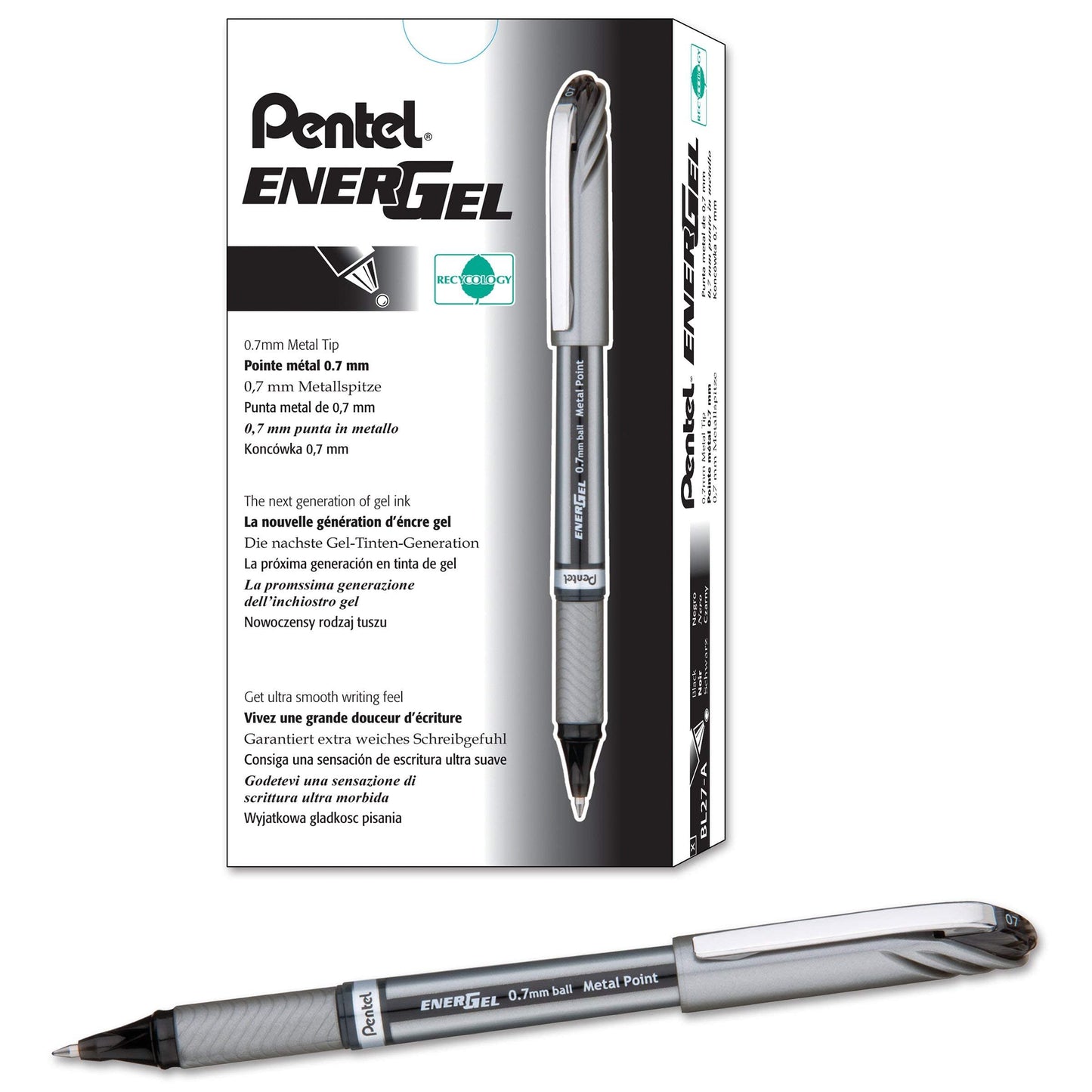Pentel EnerGel NV Liquid Gel Pen, (0.7mm), Medium Line, Capped, Metal Tip, Black Ink, Box of 12 (BL27-A)