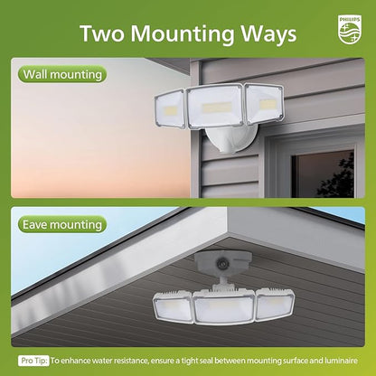Philips 72W 7400LM Dusk to Dawn Security Lights Outdoor, LED Aluminum Flood Light, 3 Adjustable Heads, 5000K Daylight, Waterproof for Garage, Yard, Patio