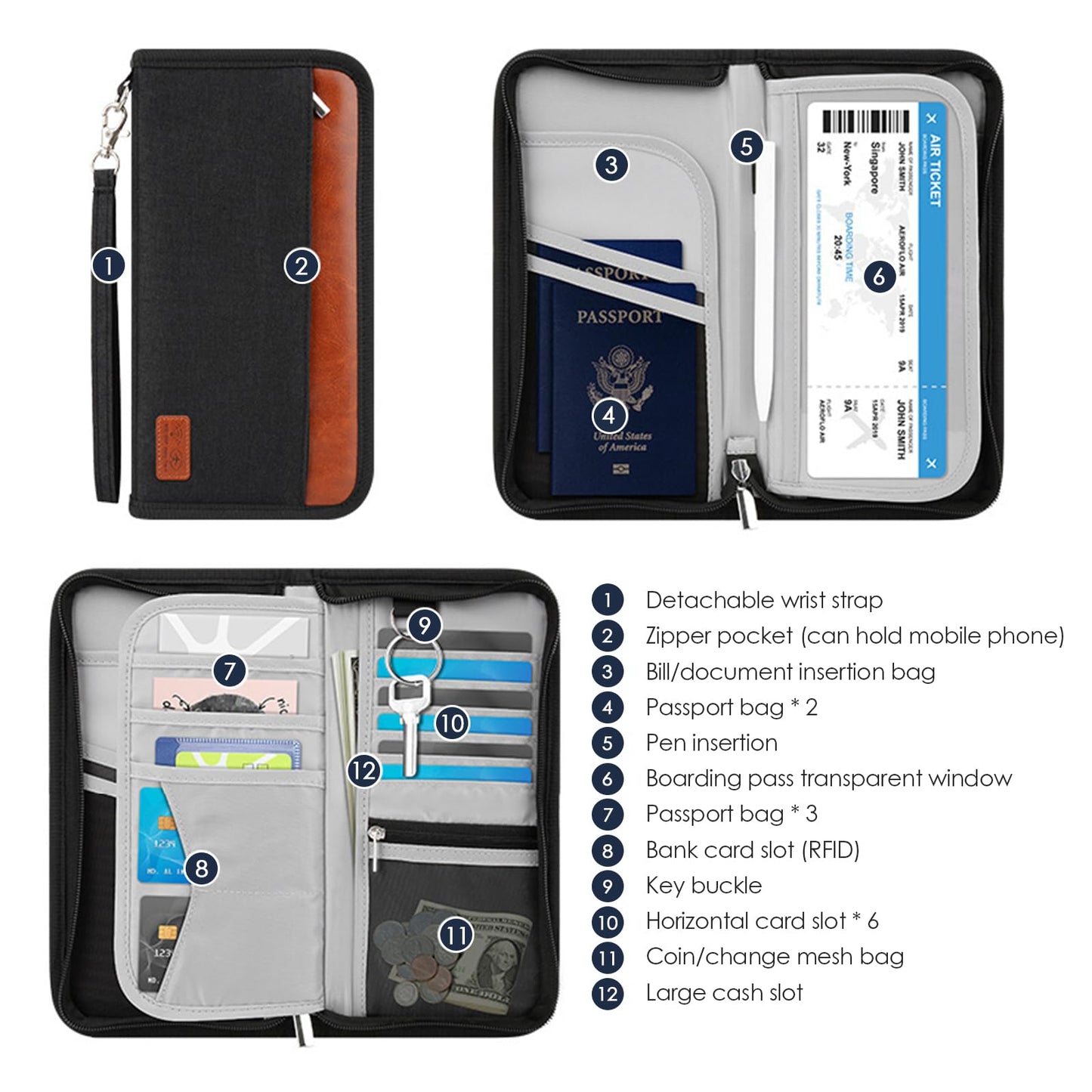 Passport Holder Family Travel Large RFID Blocking Passport Organizer, Travel Essentials Premium Wallets Credit Cards Case, Multi Pocket Waterproof Document Bag for Airports Vacations Business Trips