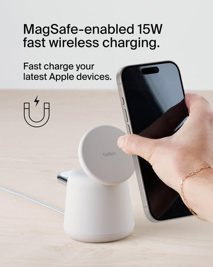 Belkin 2-in-1 MagSafe Wireless Charging Dock 15W Fast Charge iPhone Charger Compatible with iPhone 17, 16, 15, and 14 Series, AirPods, Pixel 10, and Other MagSafe Enabled Devices, PSU Included - Black