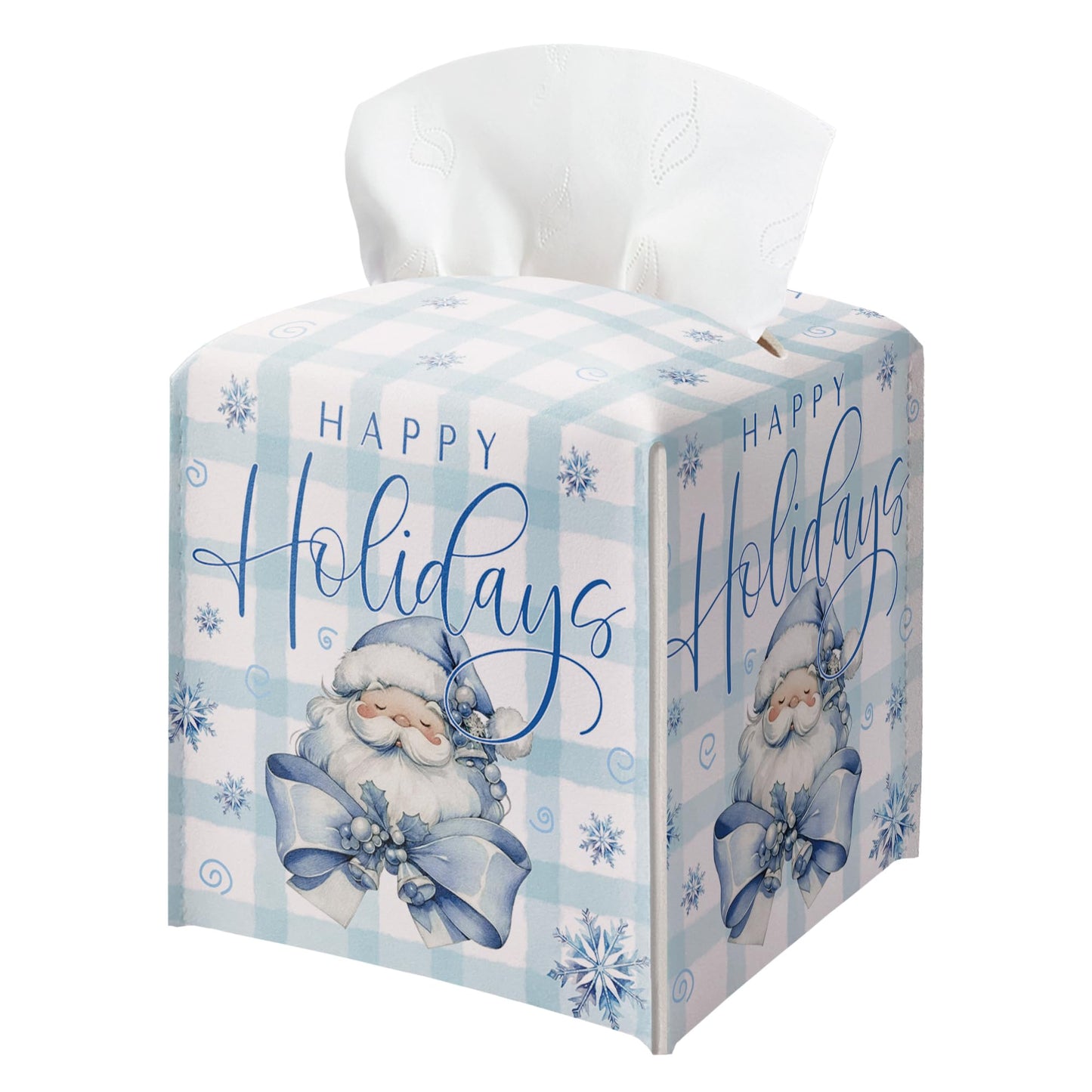 Happy Holidays Box Cover Square, Santa Claus Blue Checkered Decorative Tissue Box Holder, Waterproof Leather Tissues Boxes Dispenser for Bathroom, Office, Car, Bedroom Nightstand, Home Decor