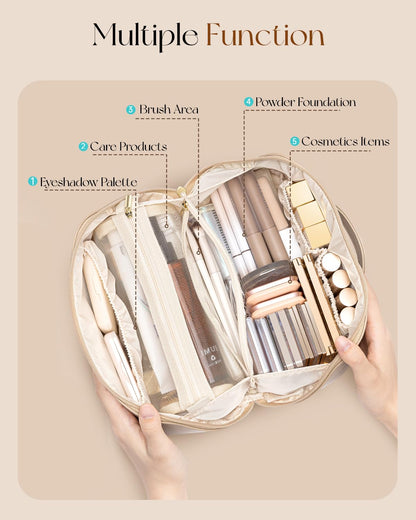 VLANDO Makeup Bag,Travel Toiletry Bag,Cosmetic Bag for Women PU Leather Portable Make up Bag for Skincare, Brushes & Travel Essentials-Toffee