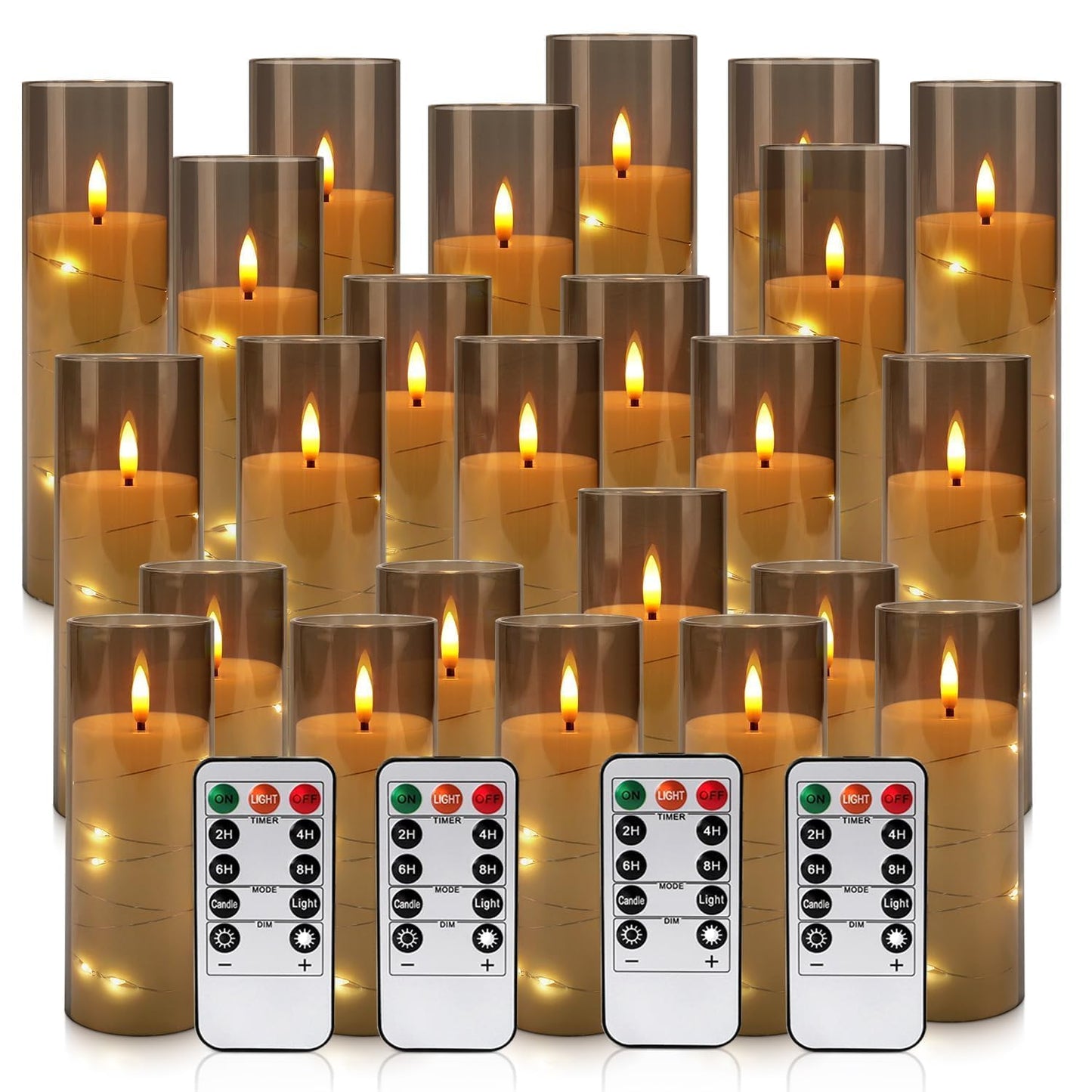 24 Pack Flameless LED Pillar Candles with Remote & Timer, Flickering Battery Operated Candles with Embedded Starry Lights, 3-Sizes Gray Acrylic Decorative Candles for Wedding, Home, Party Decor