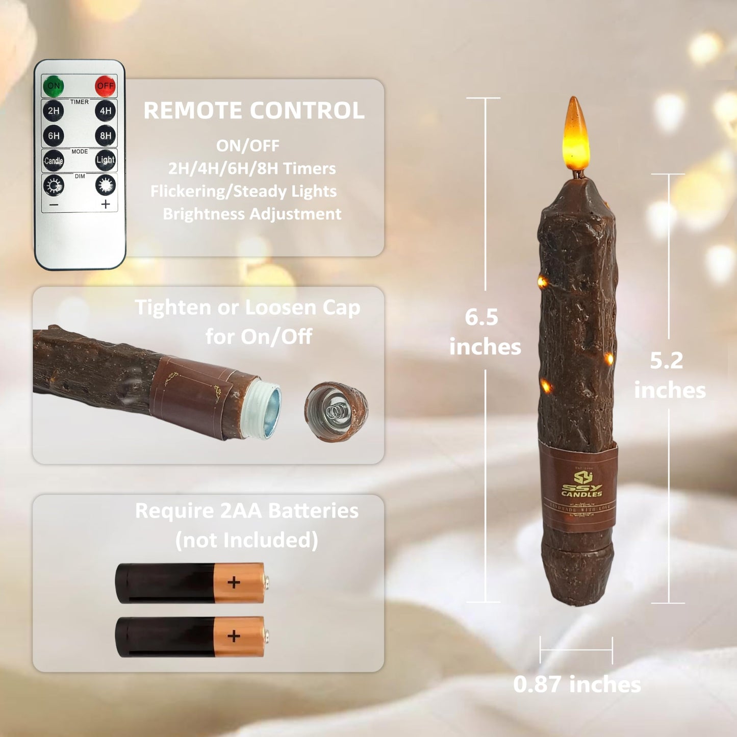 XINAOBAOLUO 6.5 inch Flameless Brown Taper Candles Flickering with 10-Key Remote, Battery Operated Led Warm 3D Wick Light Window Candles Real Wax Pack of 4, Christmas Home Wedding Decor
