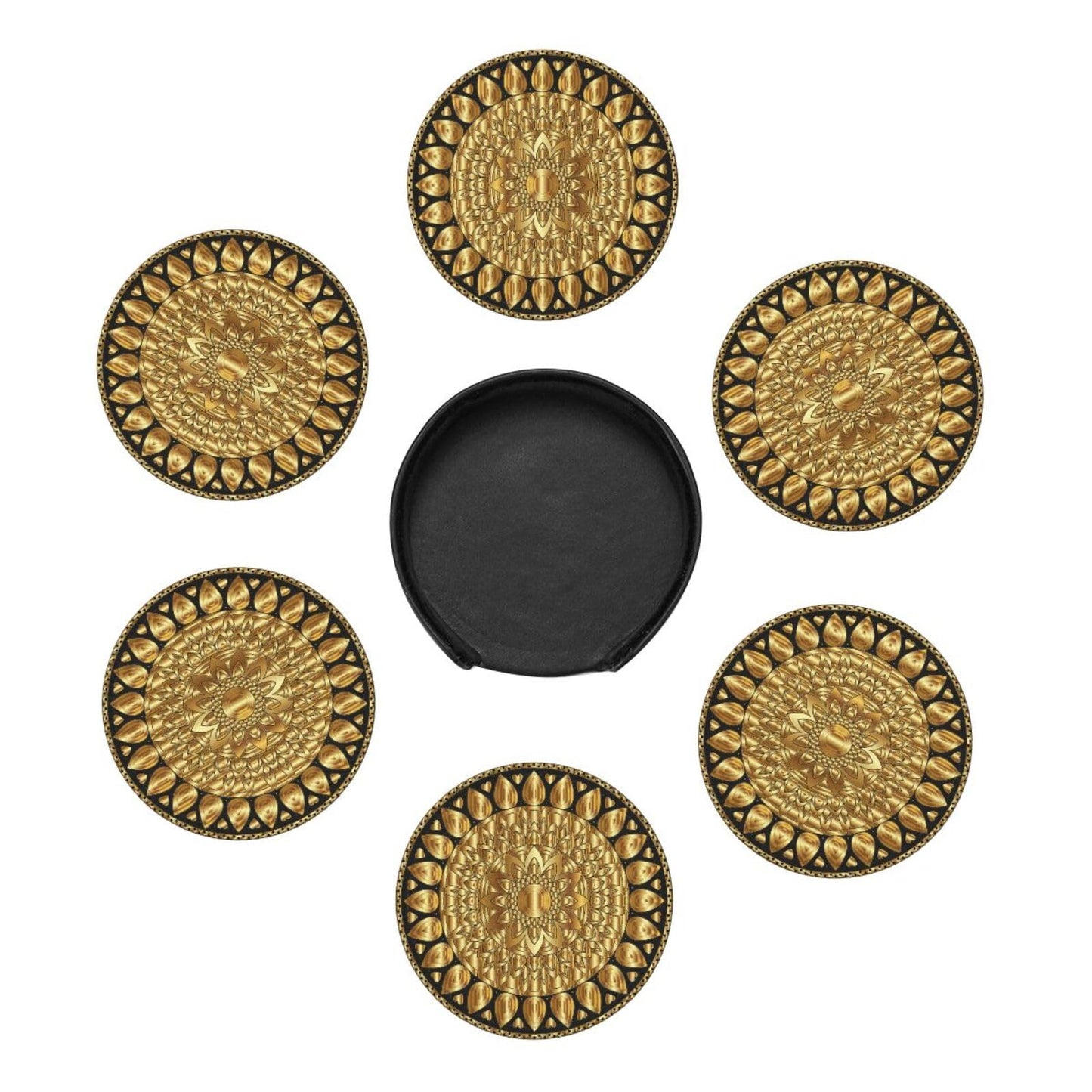 BOXIMIAO Drink Coasters with Holder Stand Set of 6, Pu Leather Absorbent Coasters with Cork Base Table Coaster Round Coasters for Housewarming Apartment Kitchen Bar Decor Mandala Art Floral Gold