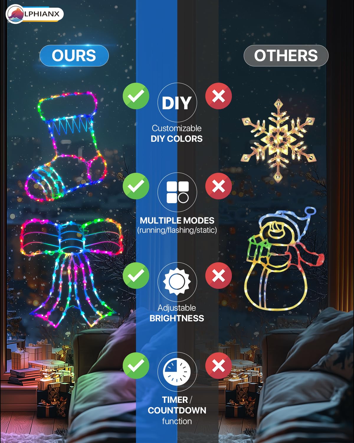 4 Pack Smart Christmas Window Lights, Christmas Window Silhouette Lights, Christmas decorations indoor,Custom & Preset Modes,APP Control Candy Cane,Christmas Tree,Bow,Christmas Stocking for Door Glass