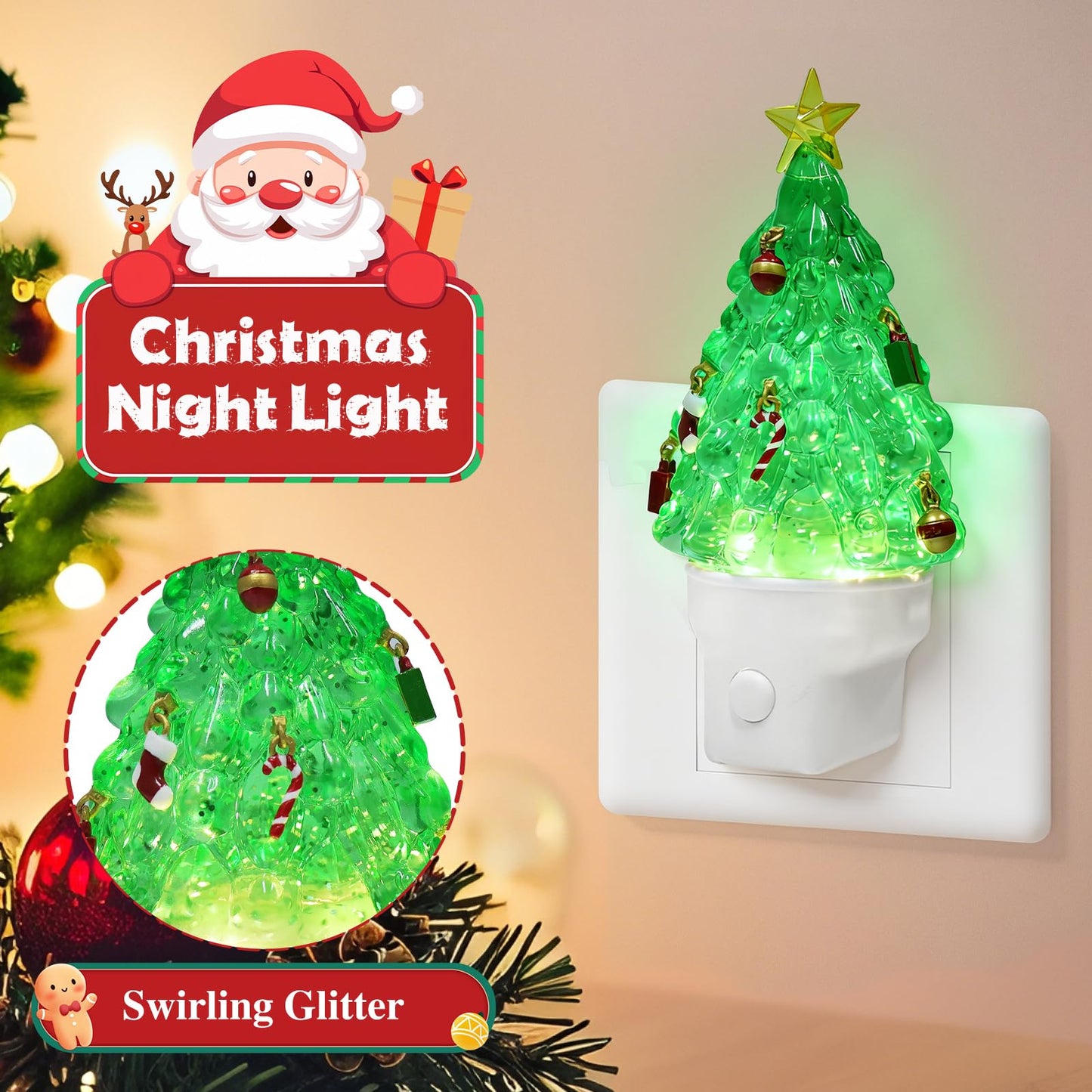 Christmas Night Lights Plug into Wall Glitter Christmas Tree Nightlights with USB/Outlet Options, Xmas Night Lights Decorative for Bedroom Living Room Kitchen Nursery Holiday Decorations Gifts (Tree)