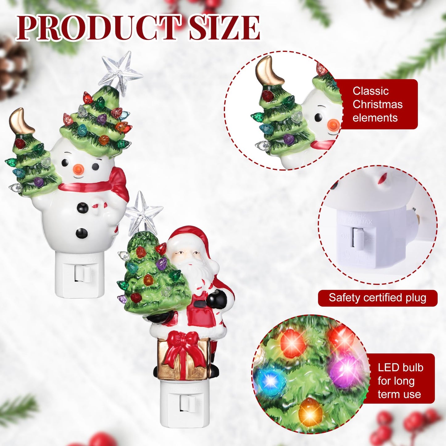 Wettal 2 Pack Christmas Decoration Night Light Plug Ceramic Santa Snowman Night Light with Switch LED for Christmas Gift Holiday Decor Home Room Fireplace Office