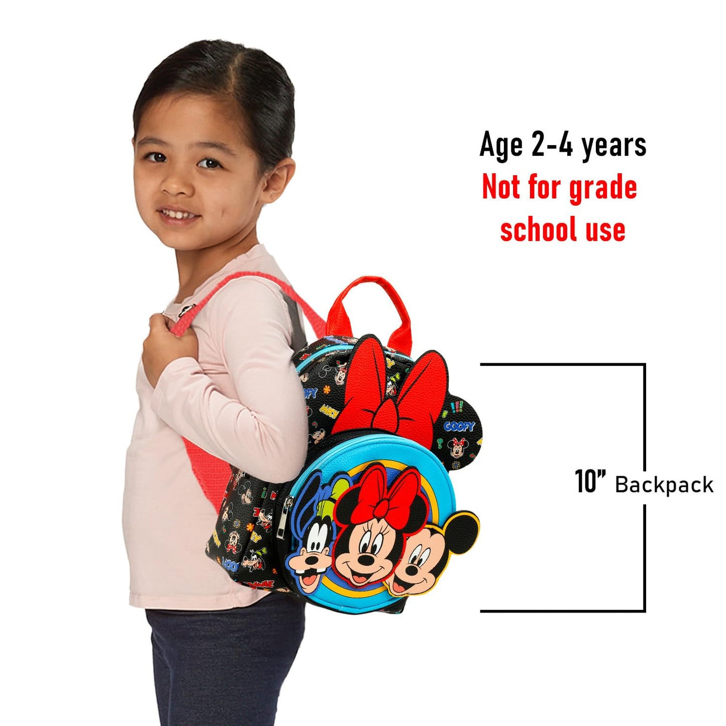 Disney Mini Backpack - 10" Exclusive Mickey, Minnie and Goofy Faux Leather Small Backpack with Front Pocket and Button Bundle | Adjusts to Fit Women, Teens, Girls, Kids