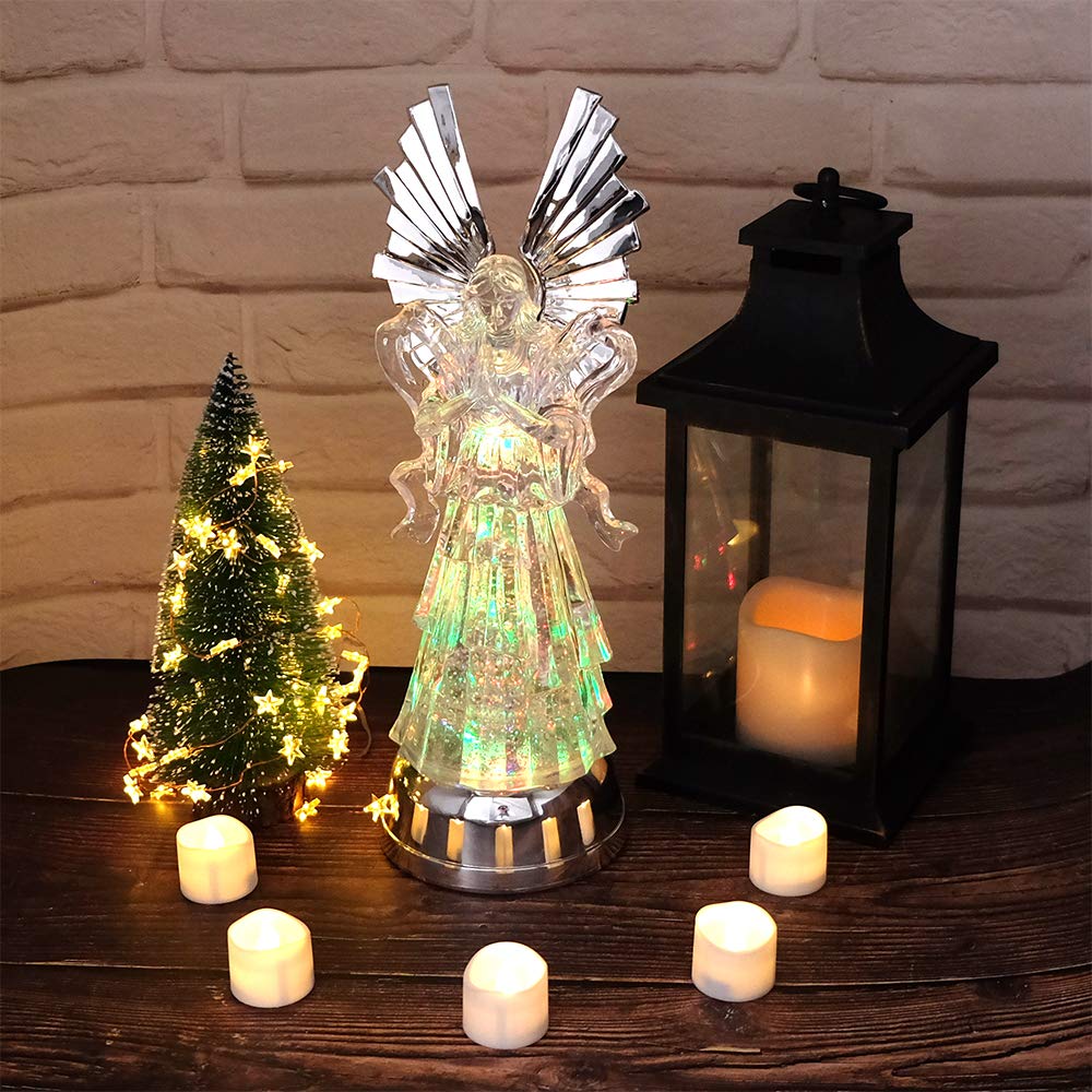 DRomance 14" Angel Snow Globe Lantern Battery Operated with 6 Hour Timer Color Changing LED Light Praying Angel Swirling Glitter Water Lamp Thanksgiving Christmas Holiday Decor Gift
