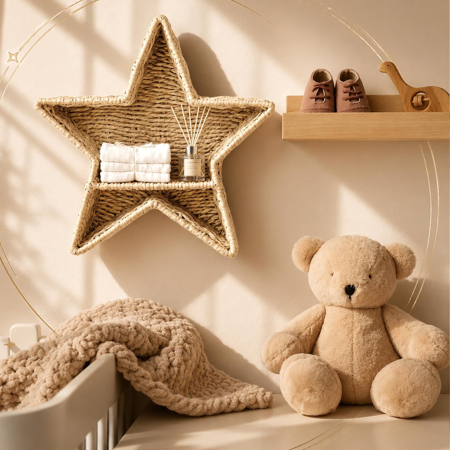 Domensi Handwoven Wall Shelf Decor Wicker Nursery Hanging Organizer Basket Shelves Natural Rattan Storage Basket for Small Books Bookshelf Bathroom Living Room Bedroom Corner(Star Shape)