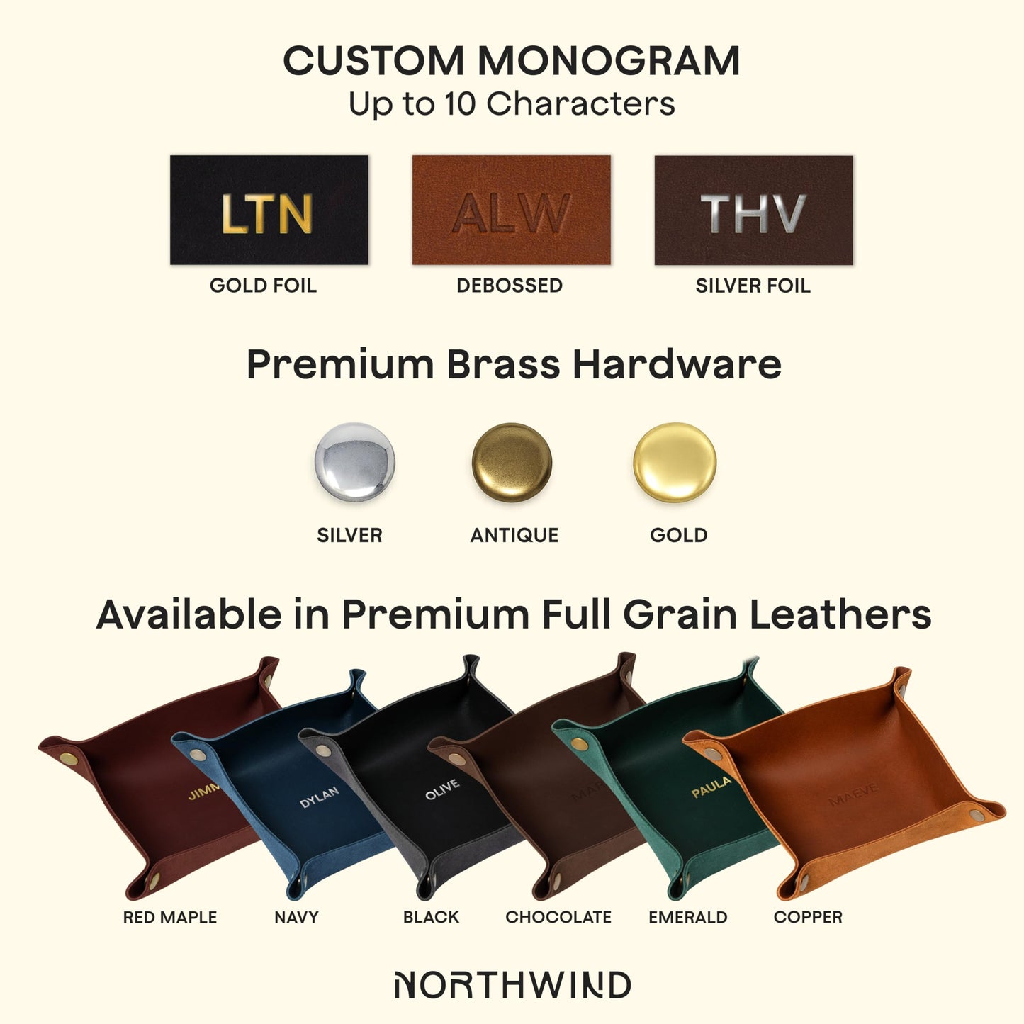 Northwind Personalized Leather Valet Tray – Made in USA - Custom Monogramed Full Grain Leather Catchall Tray for Men, Desk Organizer & Groomsmen Gift, Perfect Storage for Nightstand, Dresser
