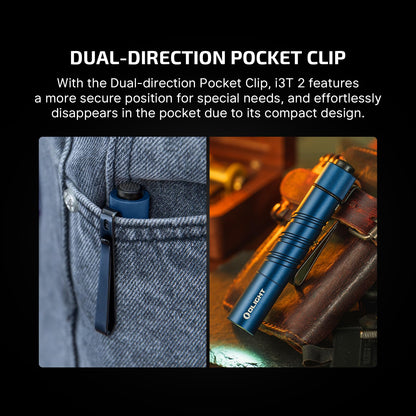 OLIGHT I3T 2 EOS Pocket EDC Flashlight, 200 Lumens Compact Bright Handheld Tactical Flash Lights, Dual-Output Tail Switch with AAA Battery and Two-Way Pocket Clip for Camping,Hiking (Midnight Blue)