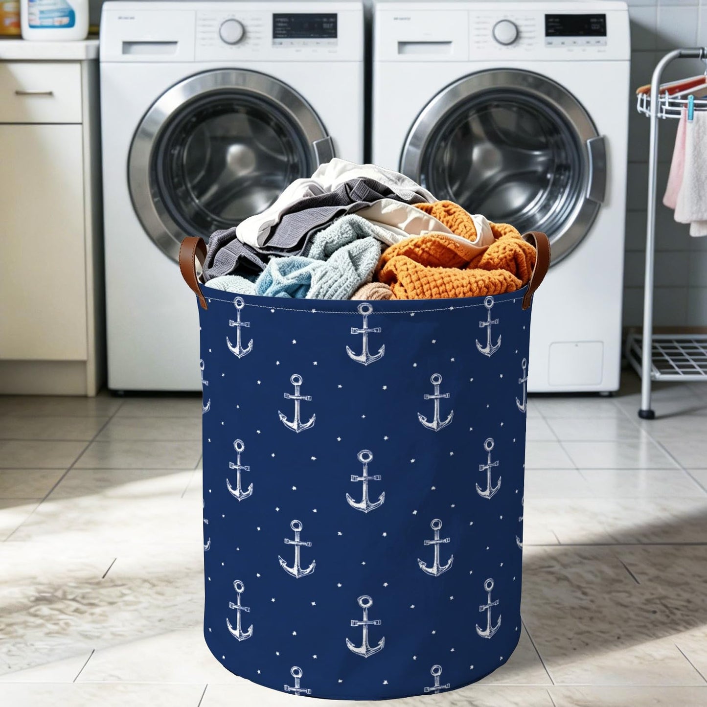 Laundry Basket 15.75 x 15.75 x 19.7 Inch Oxford Fabric Clothes Hamper with Nautical Anchor Pattern Foldable Laundry Storage Bin with Handles for Bedroom Bathroom Dorm Dirty Clothes Organizer