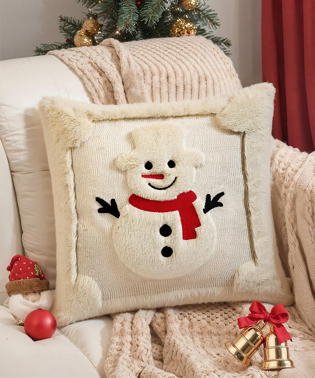 SEGXCFL Christmas Pillow Covers Set of 2 Soft Plush Faux Fur Pillow Cases 3D Embroidered Decorative Couch Cover Home Decor Christmas Throw Pillow Covers 18x18,Beige Snowman