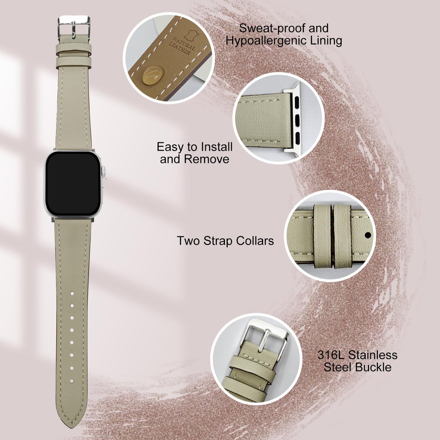 Biggyboom Genuine Leather Bands Compatible with Apple Watch Band 42mm 41mm 40mm 38mm for Women Men,Sweat Wear Resistant Leather Replacement Strap for iWatch Series 11 10 9 8 7 6 SE 5 4 3 2 1 (Beige)