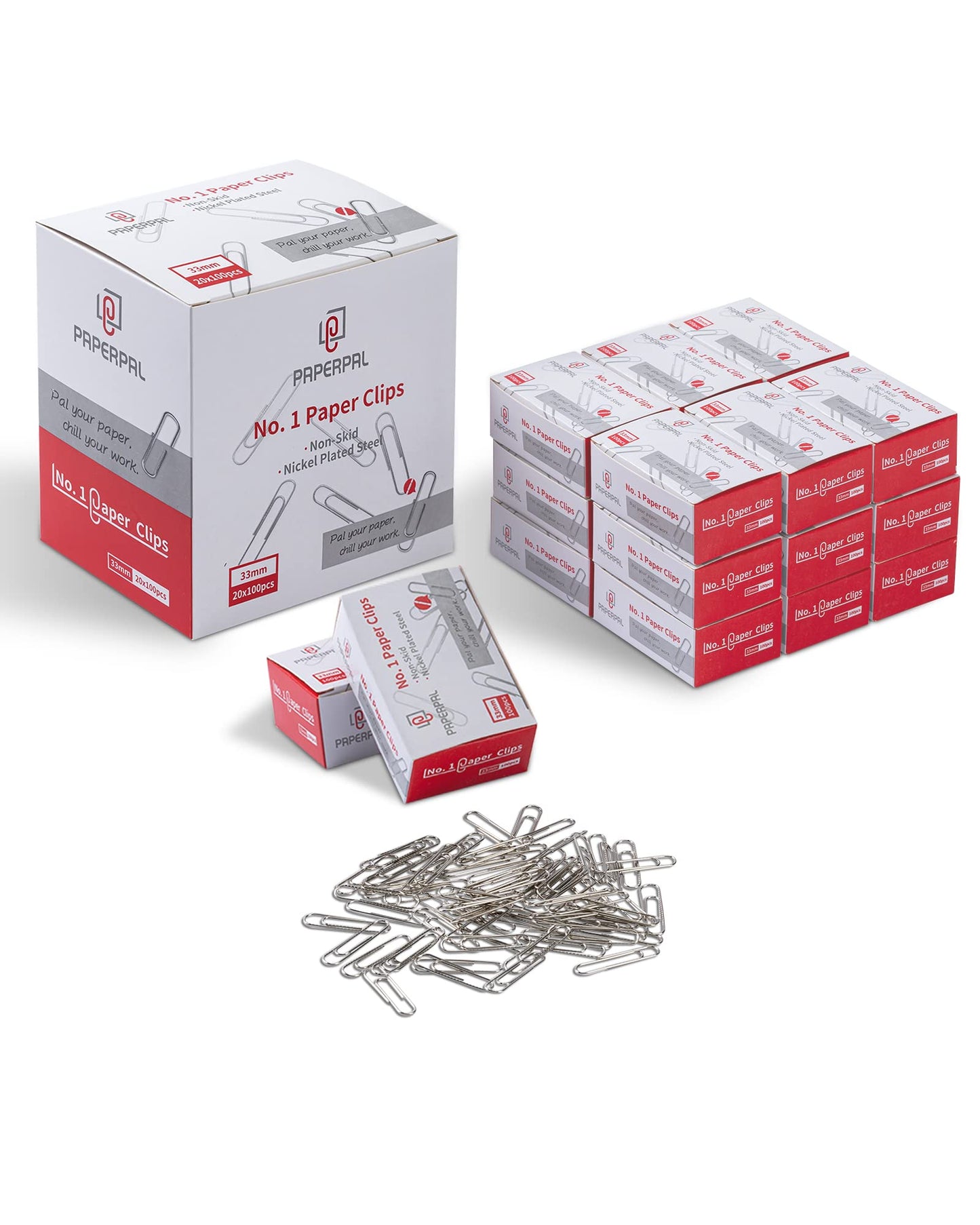 PAPERPAL Paperclips for Office School & Personal Use, #1 Nonskid Paper Clip (1-2/7"), 2000 Medium Paper Clips (20 Boxes of 100 Each), Silver