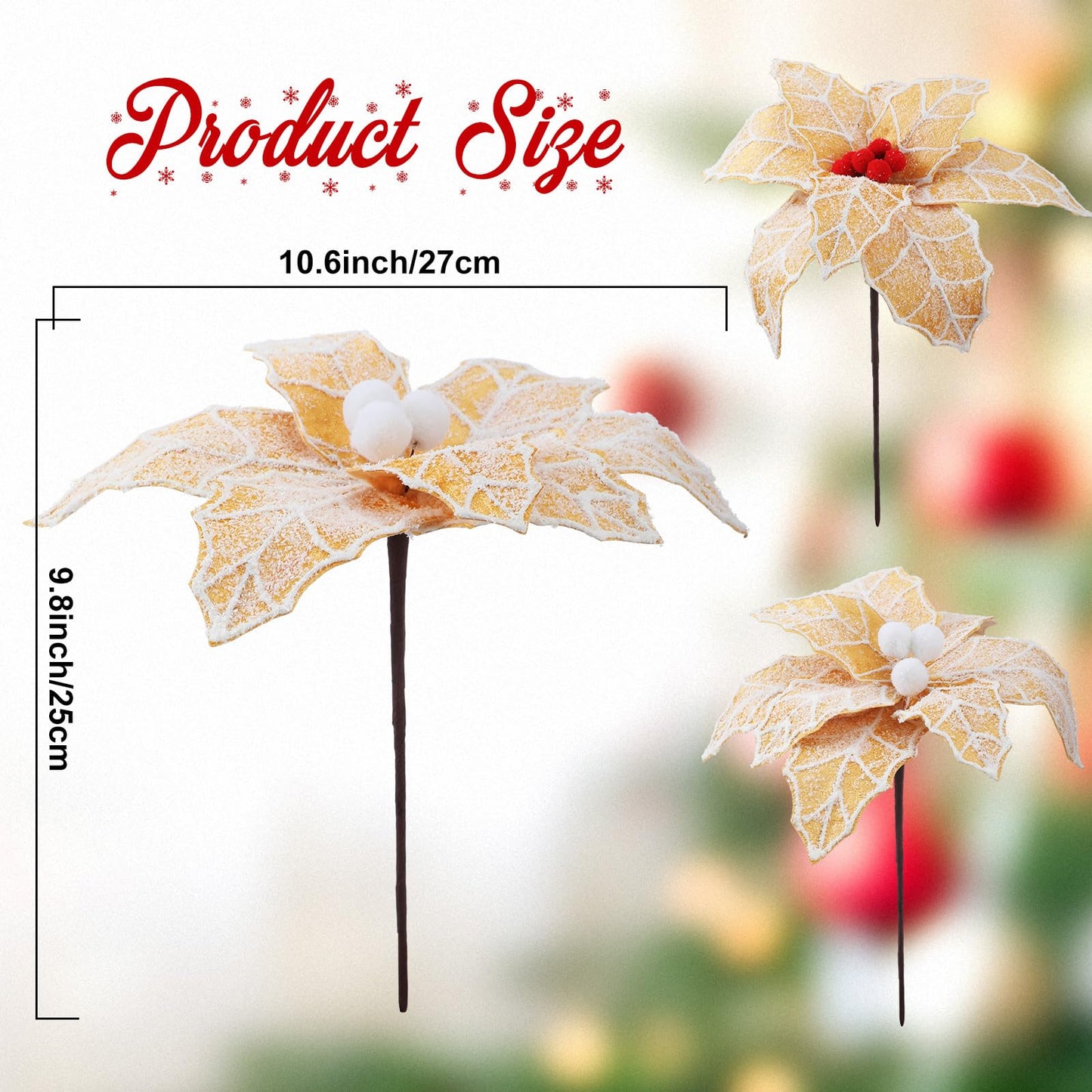 Daifunli 6 Pcs Large Christmas Gingerbread Poinsettia Flowers Tree Picks with Berries 10.6 Inches Christmas Tree Ornaments for Xmas Home Vase Decor(Gold)