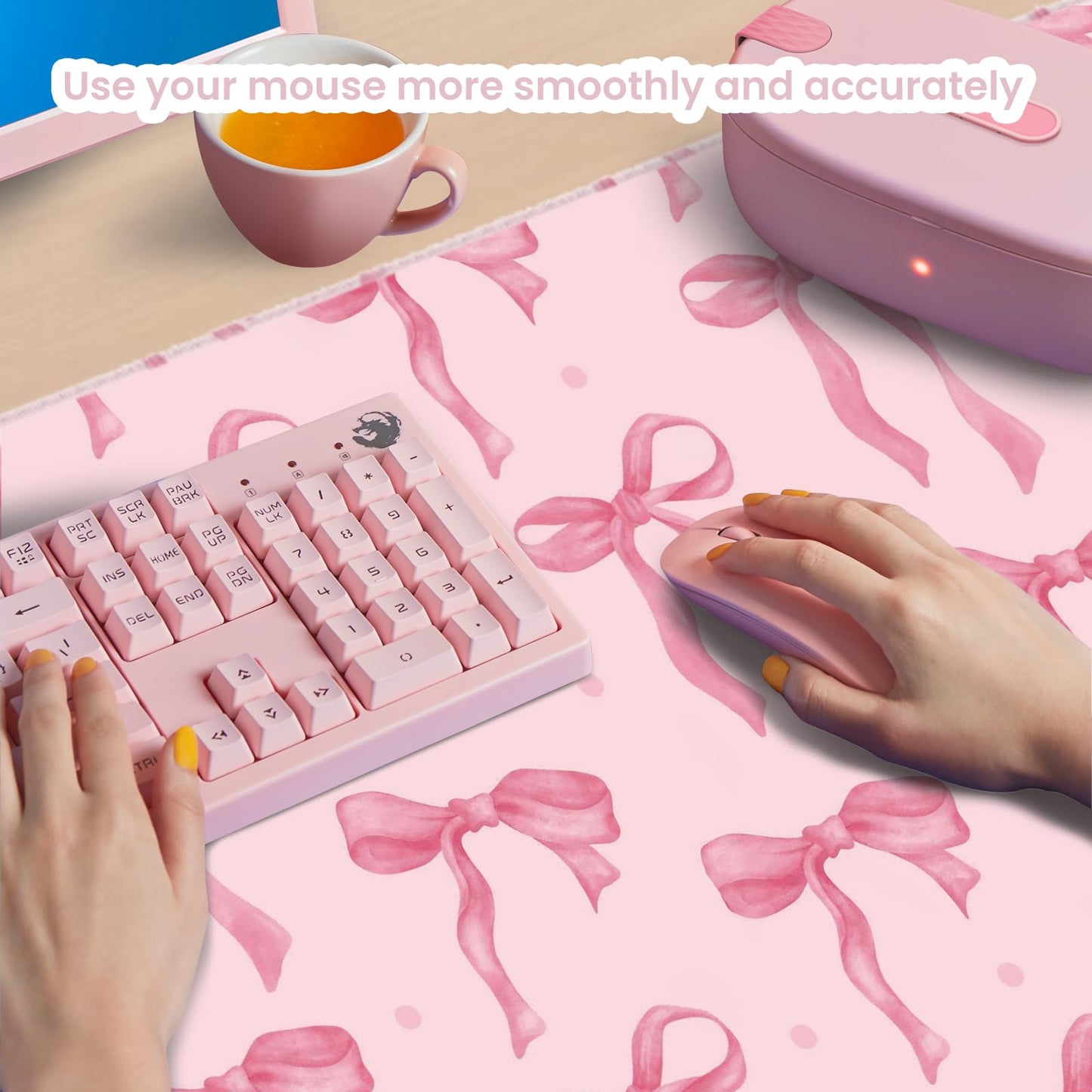 Pink Mouse Pad, Large Pink Desk Mat Bows Computer Mat, Gaming Keyboard and Mouse Pad Non-Slip Rubber Base, Stitched Edge, Cute Girly Office Supplies Desk Accessories Decor for Women 31.5 x 11.8in