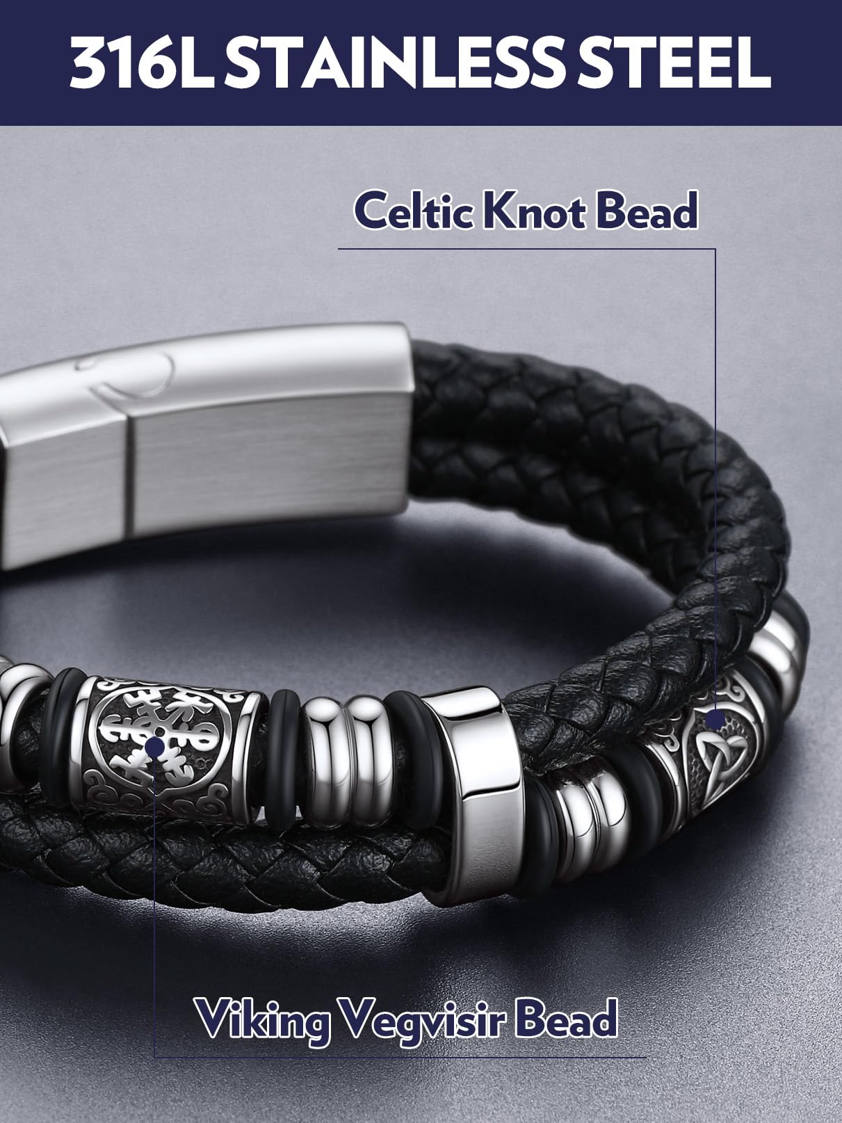 Bandmax Men's Norse Bracelet 8 inch Viking Celtic Knot Beads Bracelets Black Leather Braided Rope Wristband for Men Son Husband Grandson Gift For Father's Day Birthday Christmas Graduation