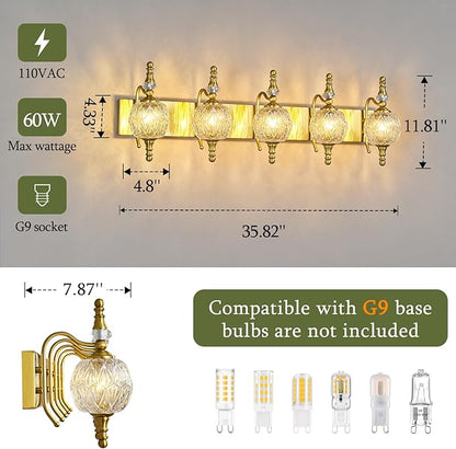 Modern Crystal Bathroom Vanity Lights Fixtures Over Mirror Gold Vintage 5-Lights 36 Inch Bathroom Light Fixtures Glass Crystal Vanity Lights