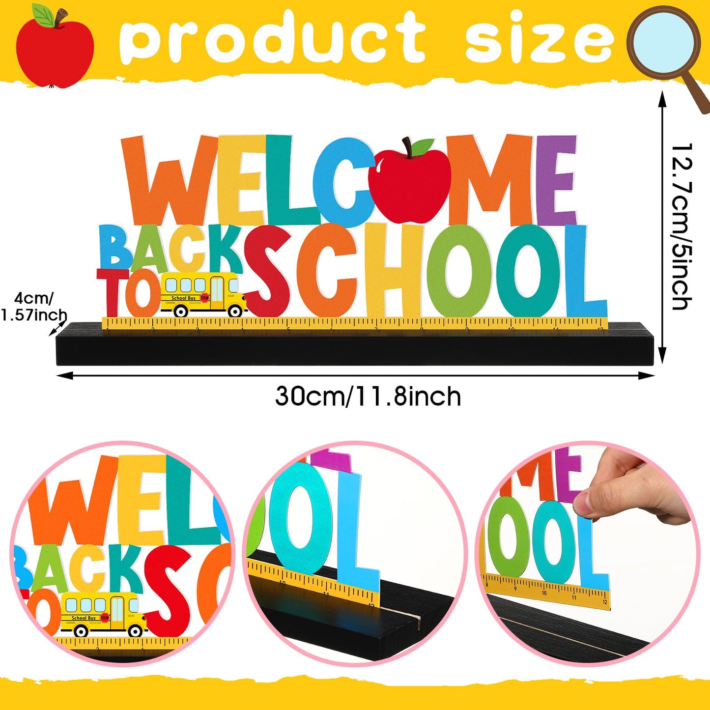 MiniInflat Welcome Back to School Metal Sign First Day of School Table Decor Metal Word Sign with Wooden Base for Classroom Teacher Party Favor Supplies Tiered Tray Decor Shelf Tabletop Decorations