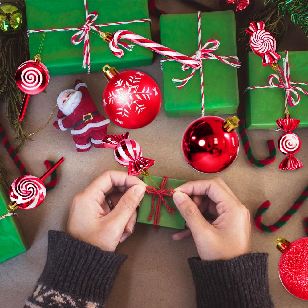36 Pcs Christmas Ornaments, MOYEE Shatterproof Plastic Christmas Ornaments for Tree - Candy Cane Christmas Decorations Candies Christmas Ball Ornaments (Red)