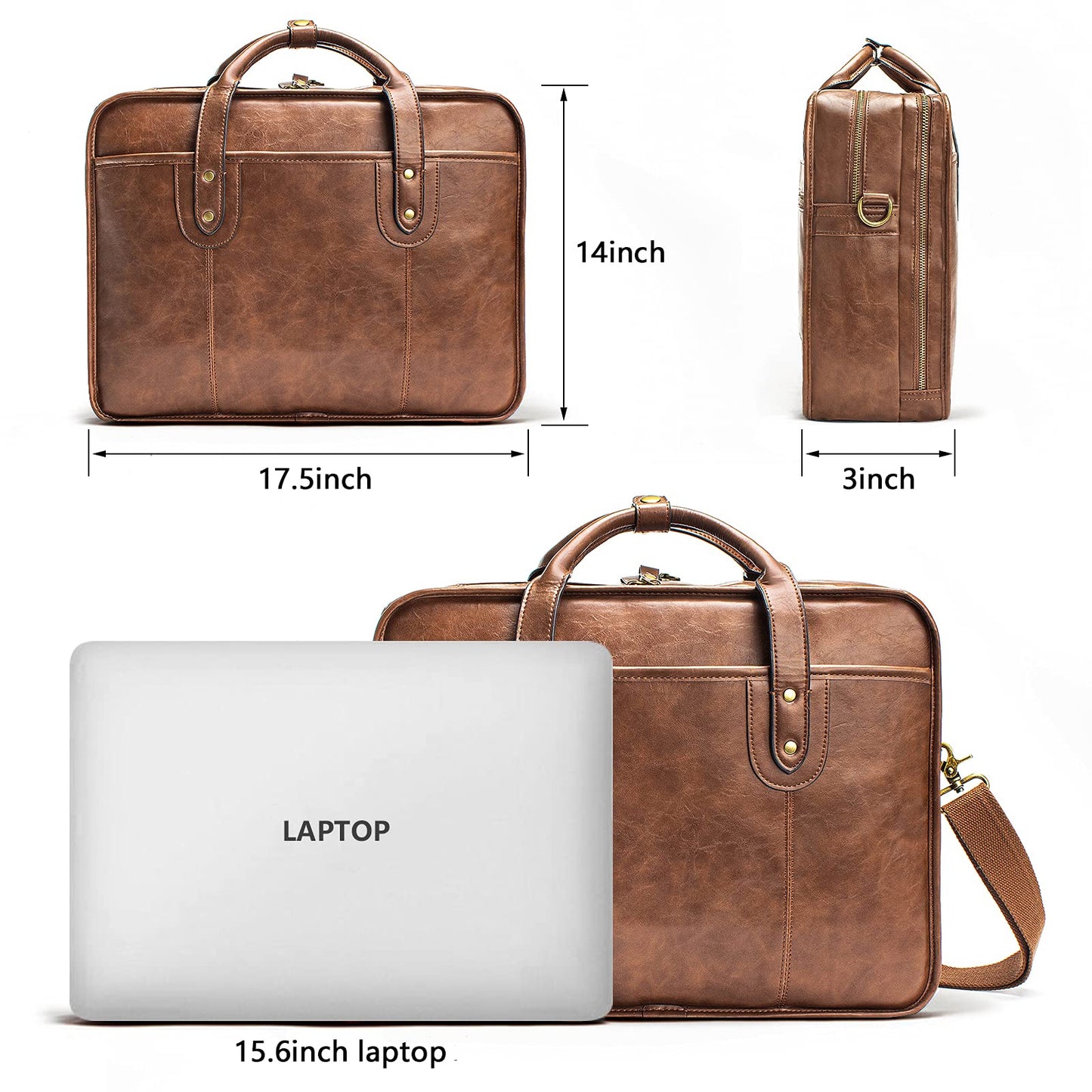 Leather Briefcase for Men - 15.6 Inch Business Laptop Bag - Water Resistant Vintage Messenger Bag - Brown