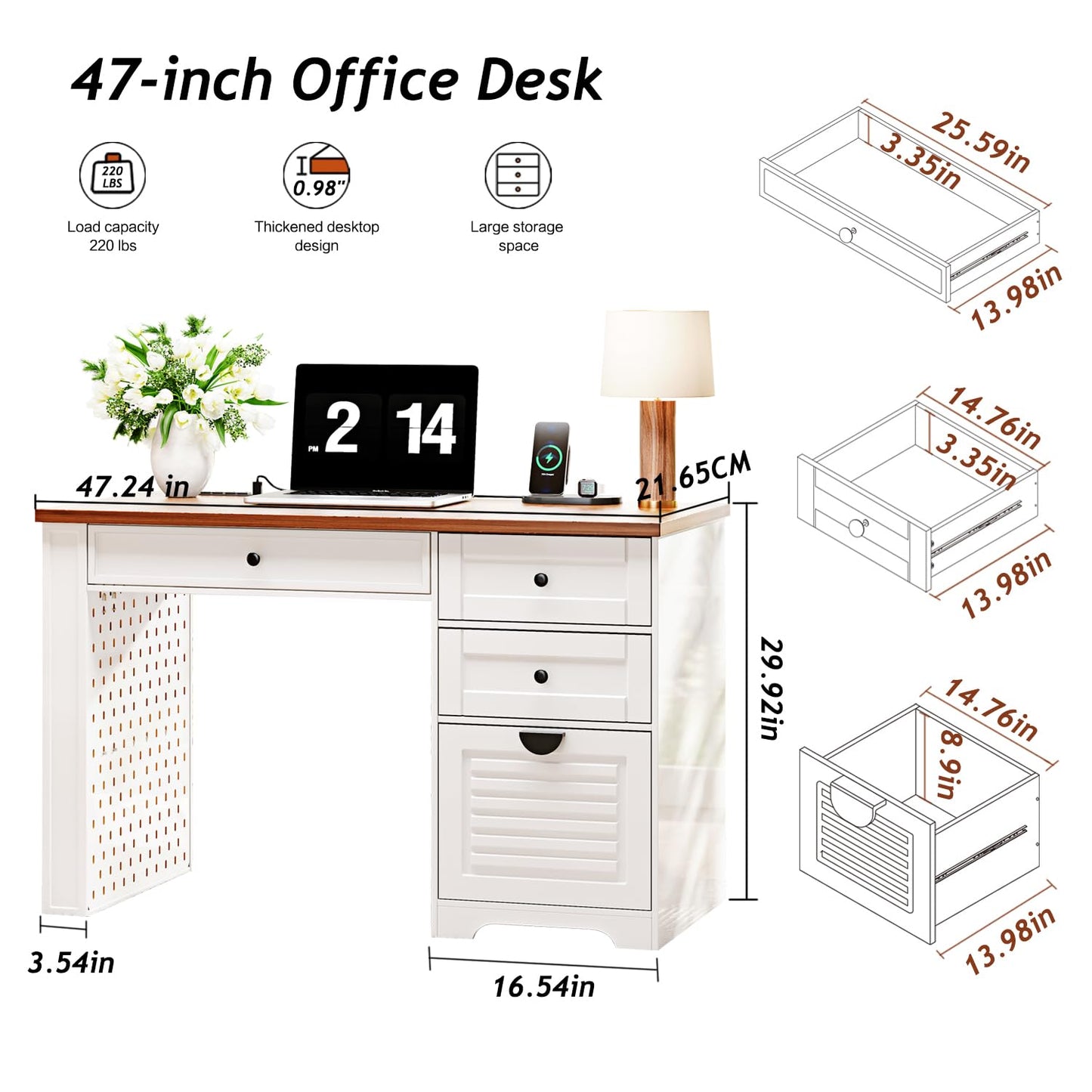 Ieejdn 47" Home Office Desks, Executive Desk, Farmhouse Computer Desk with Drawers and Charging Station, File Drawer, Storage Cabinet, Rustic Computer Writing Desk,Antique White